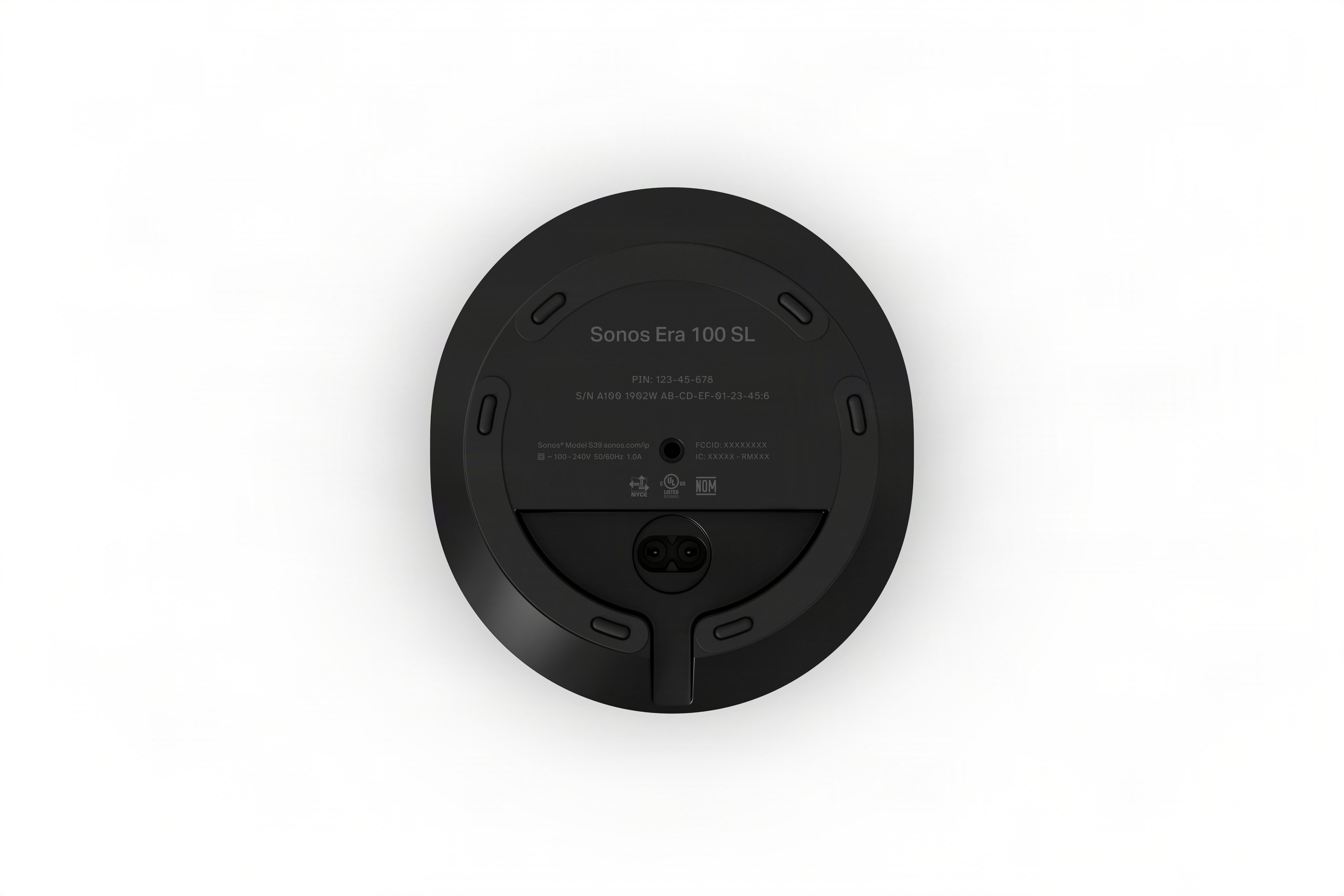 Unterseite des schwarzen Sonos Era 100 SL Lautsprechers mit Beschriftungen.