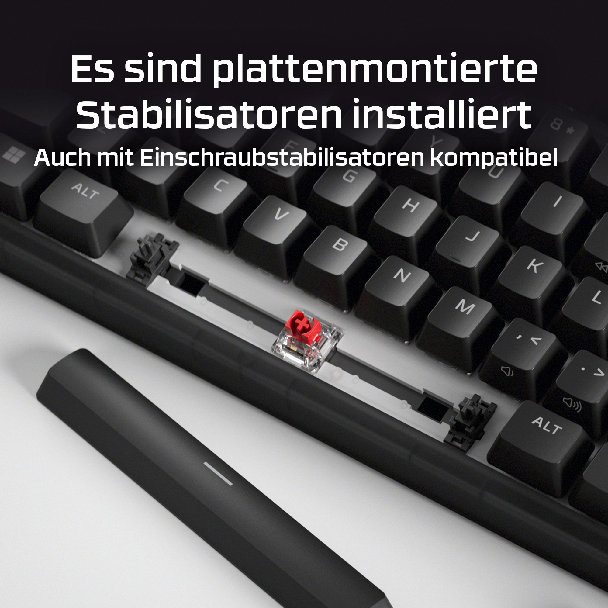 Nahaufnahme einer Tastatur mit roten Schaltern und schwarzer Blende.