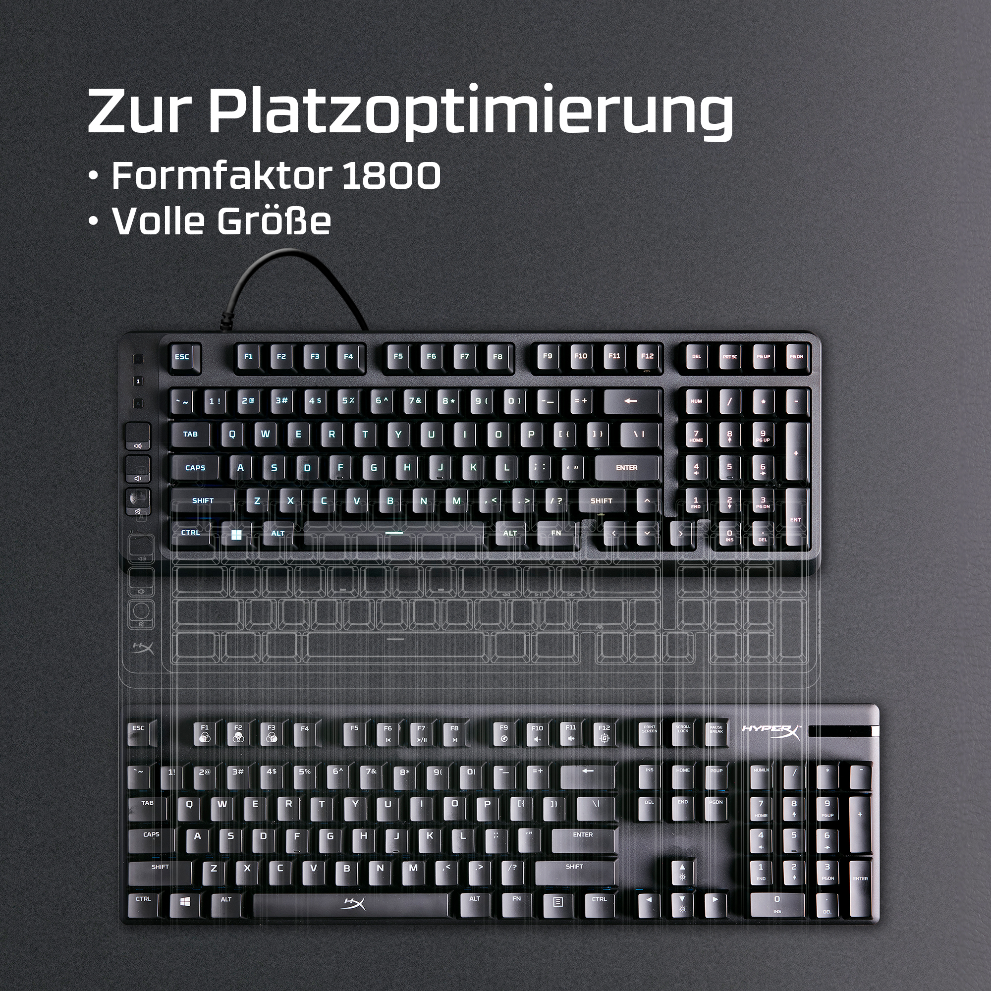 Zwei schwarze HyperX-Tastaturen, eine teilweise durchsichtig, auf dunklem Grund.