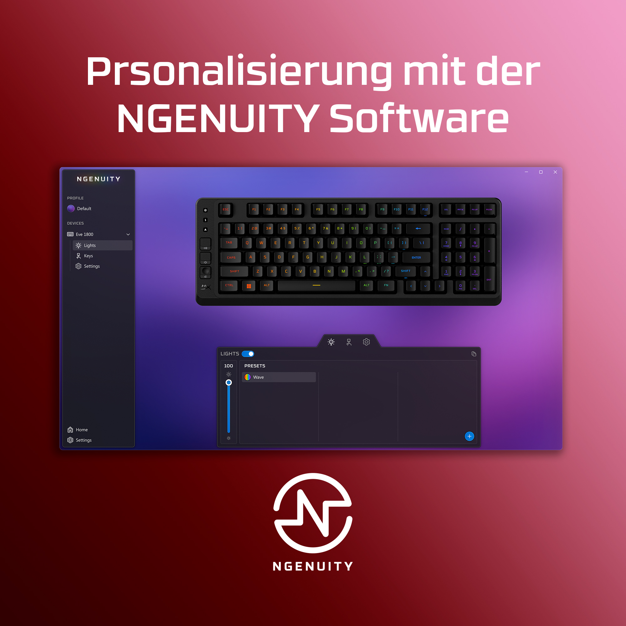 NGENUITY Software mit Tastatur und Beleuchtungseinstellungen.