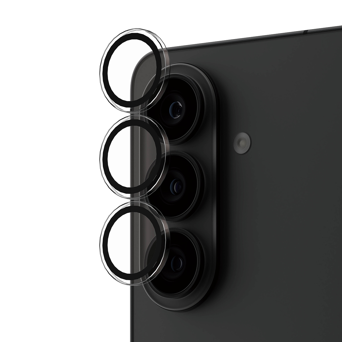 Drei transparente Linsenabdeckungen über den drei Kameralinsen eines schwarzen Smartphones.
