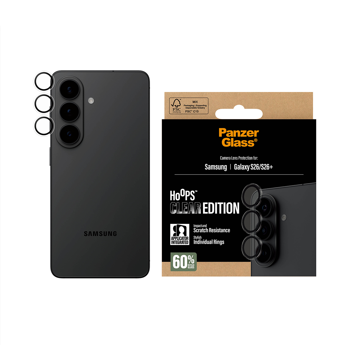 Schwarzes Samsung-Smartphone mit PanzerGlass-Kameraobjektivschutzverpackung.
