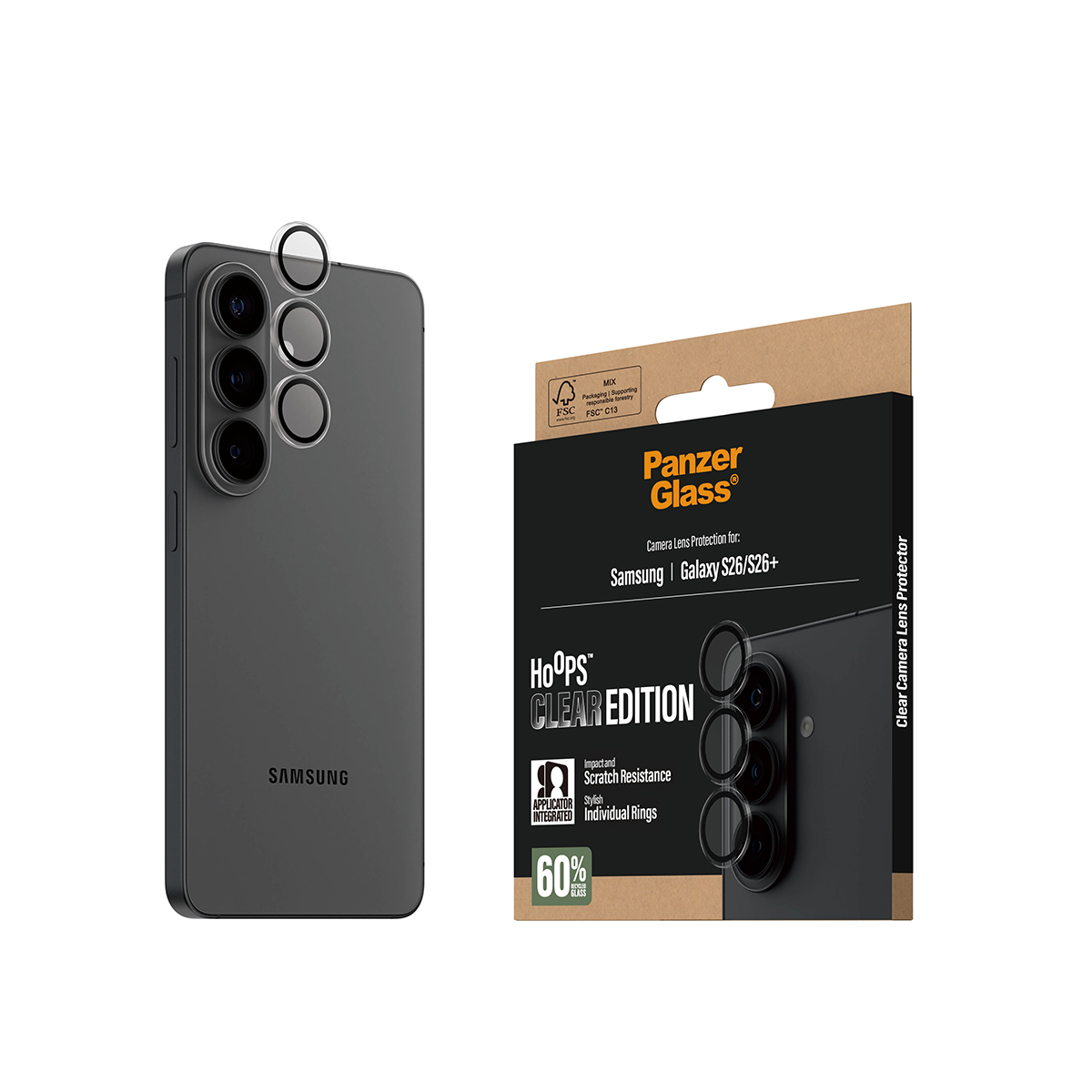 Ein Samsung-Telefon mit Panzer Glass Kamera-Schutzverpackung daneben.