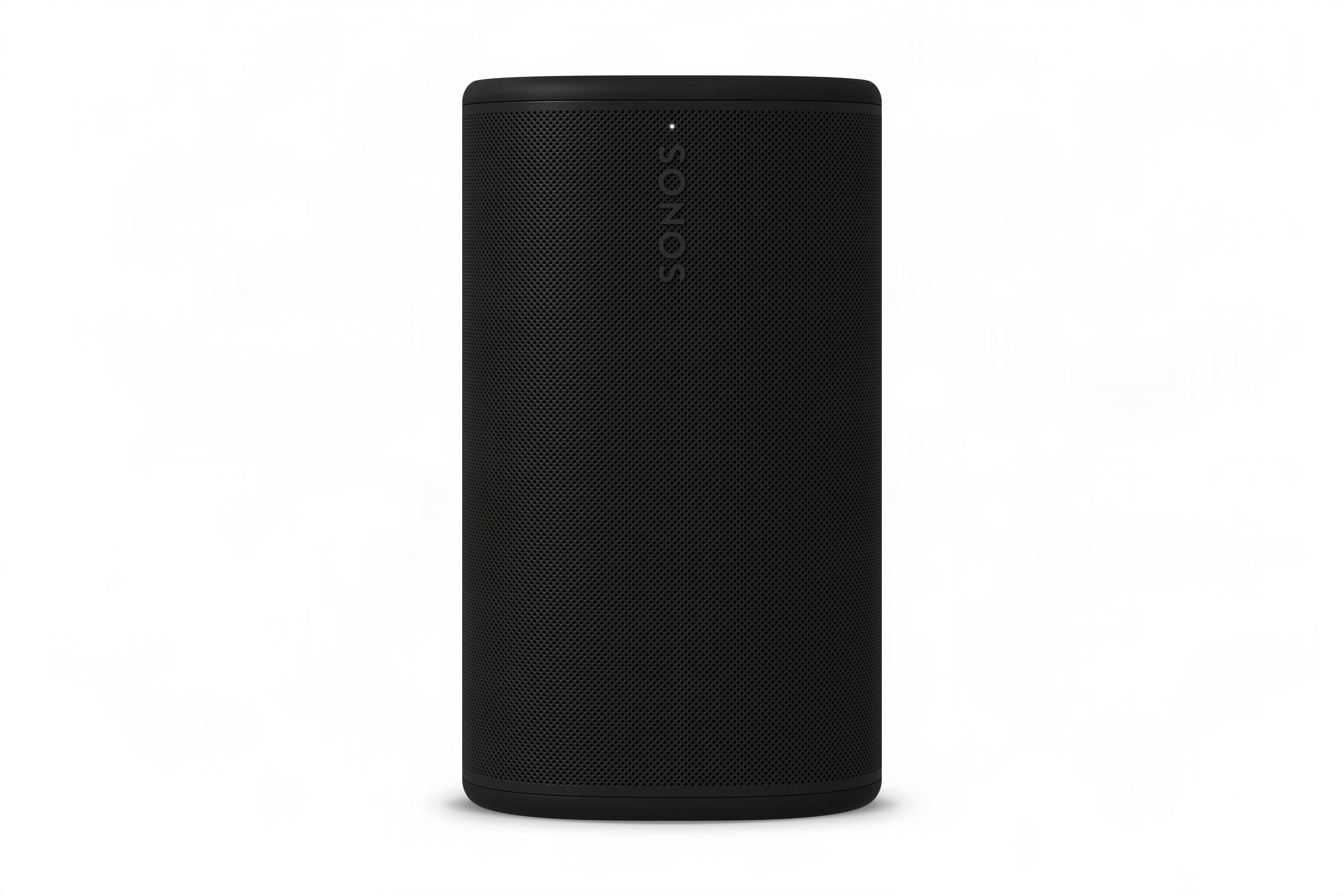 Schwarzer zylindrischer Lautsprecher mit SONOS-Logo.