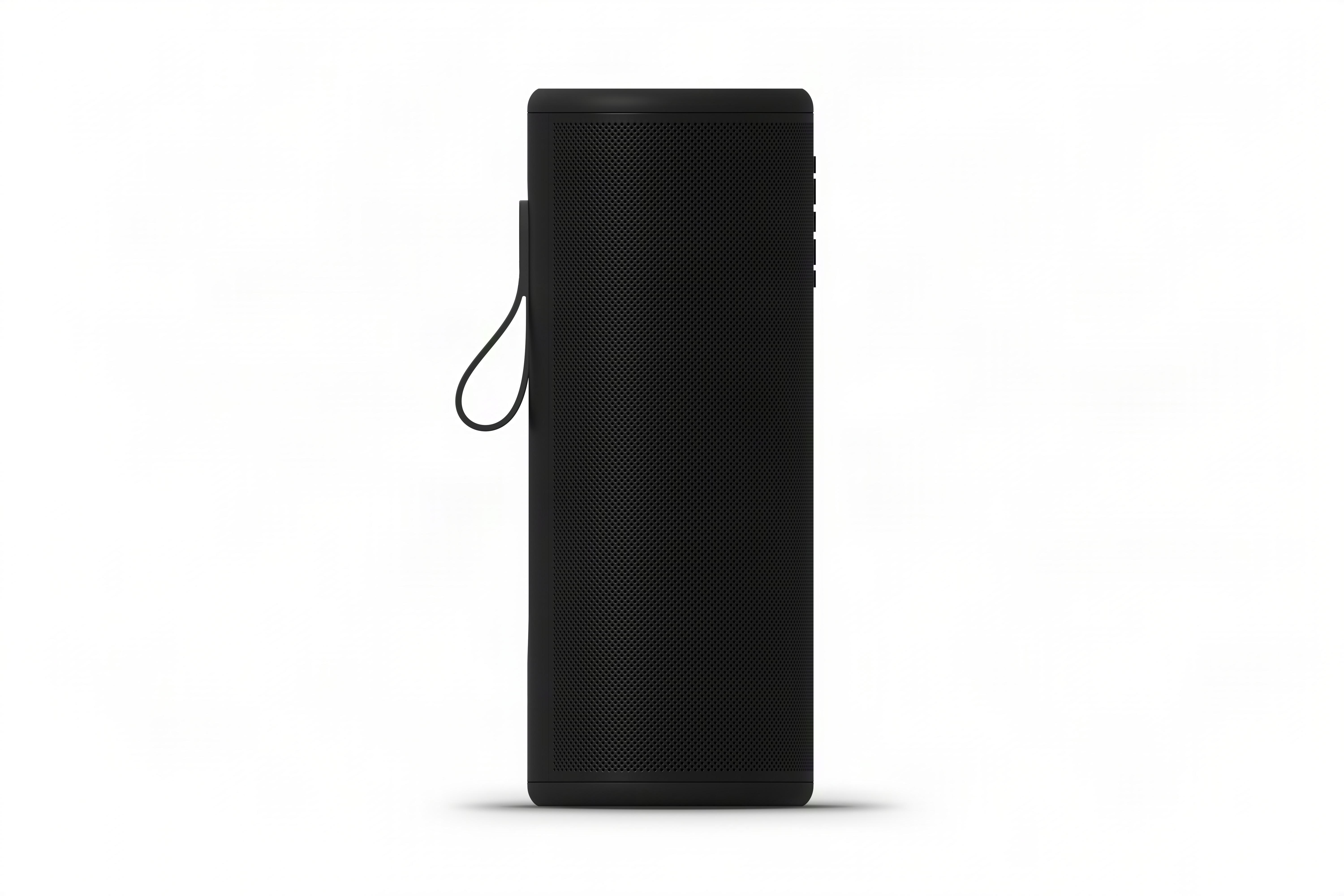 Schwarzer Bluetooth-Lautsprecher mit Trageschlaufe und Rillen auf der Seite.