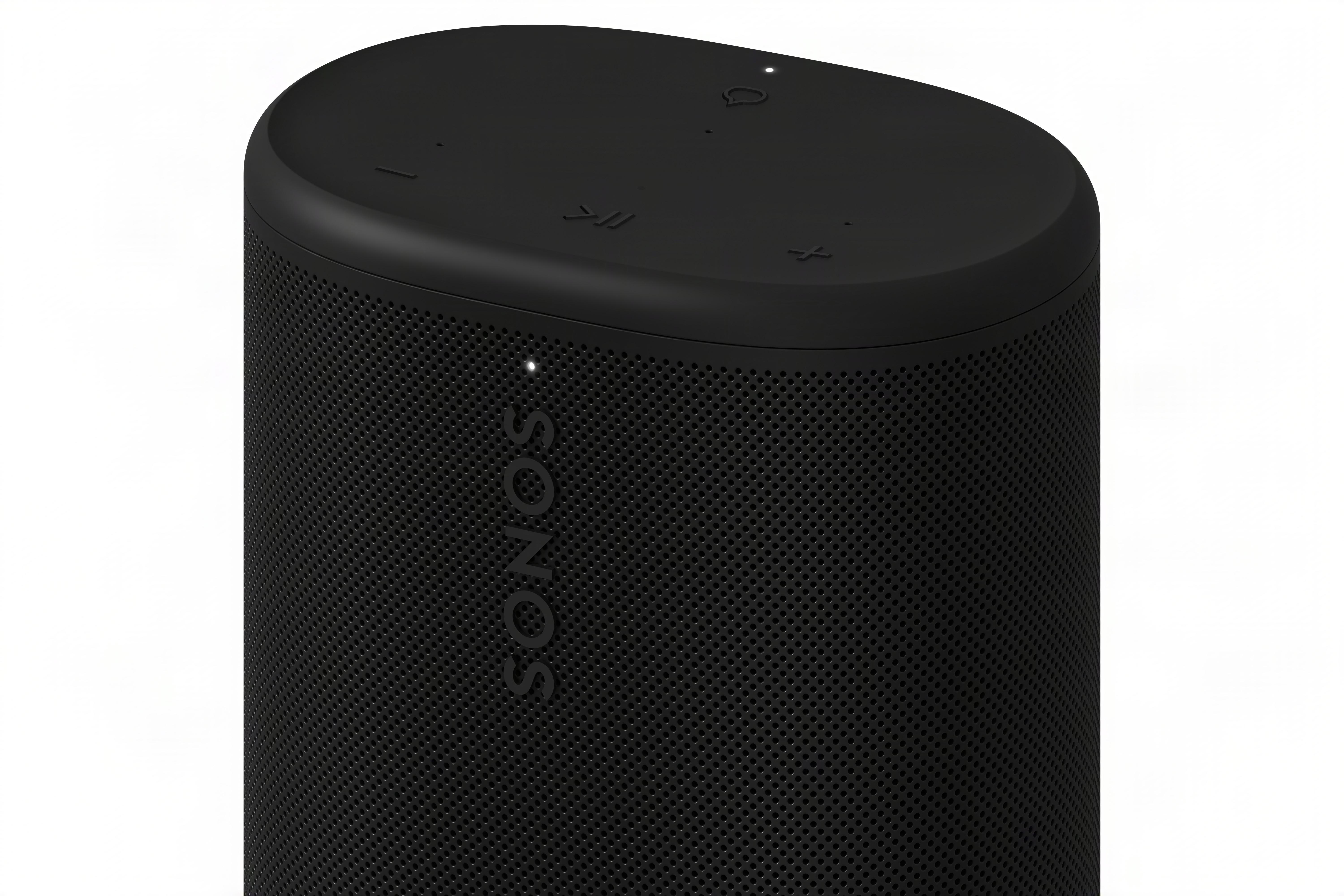Schwarzer Sonos Lautsprecher mit perforierter Oberfläche und Bedienelementen.