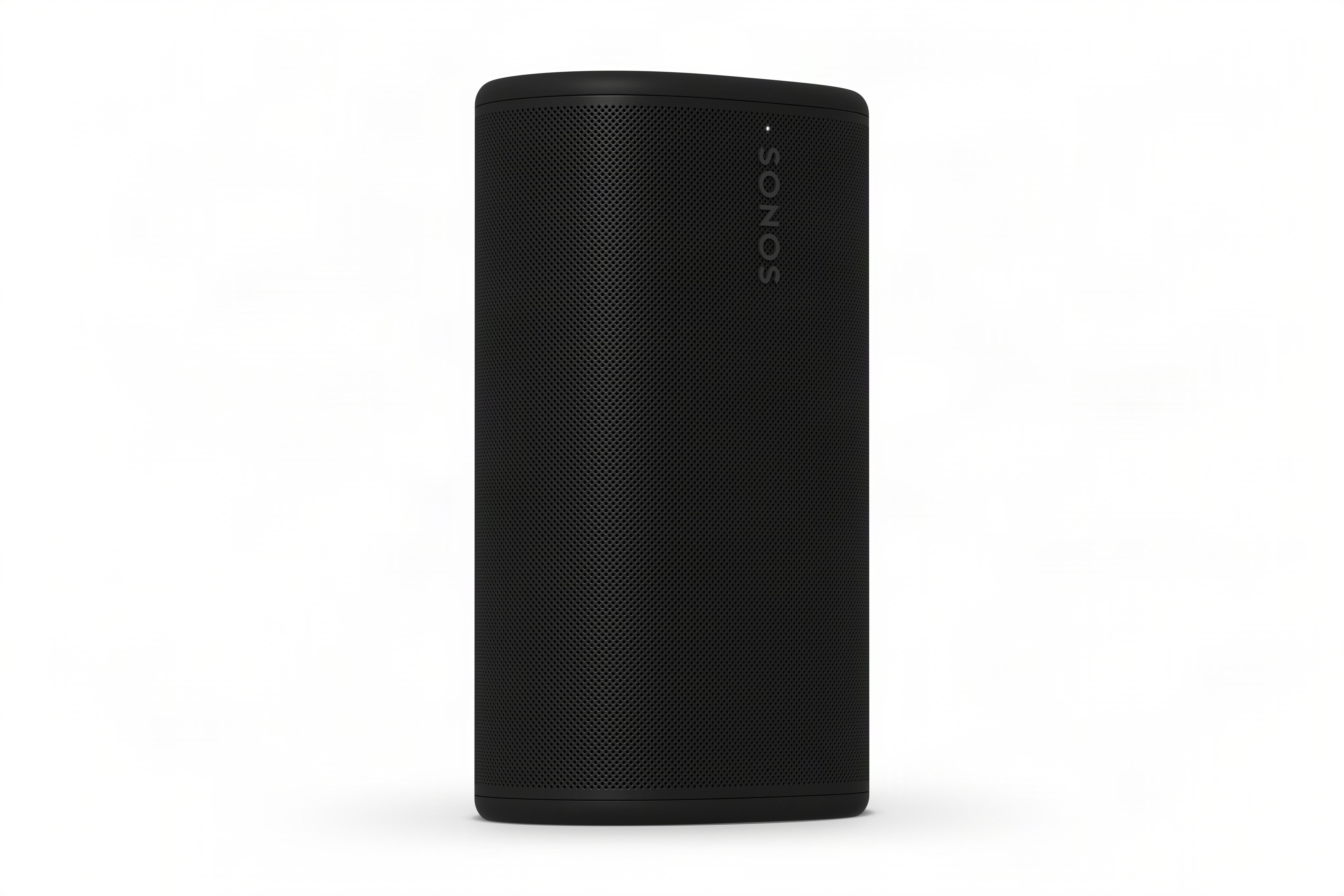 Ein schwarzer, zylindrischer Sonos-Lautsprecher mit perforierter Oberfläche.