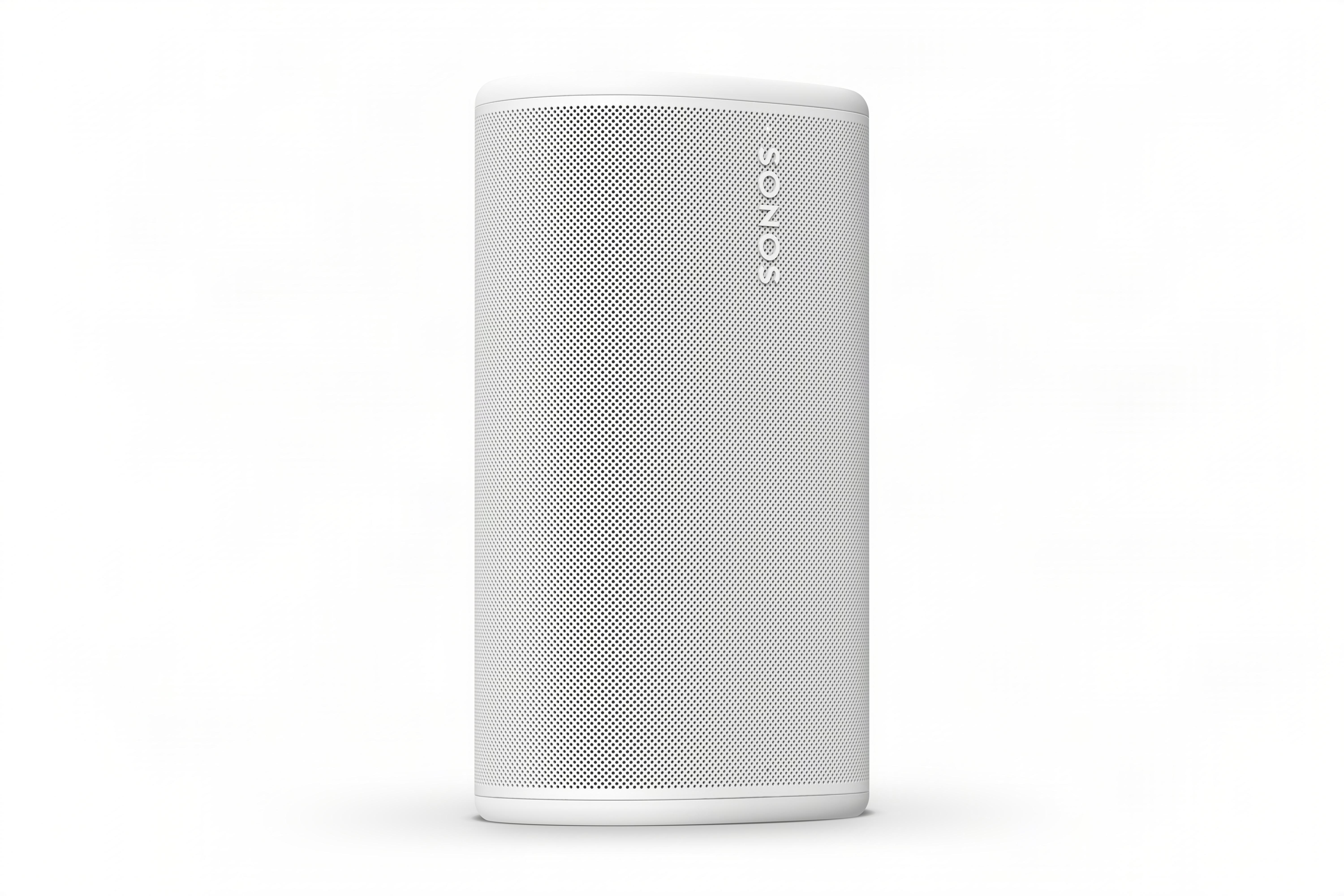 Ein weißer zylindrischer Lautsprecher mit dem Sonos-Logo.
