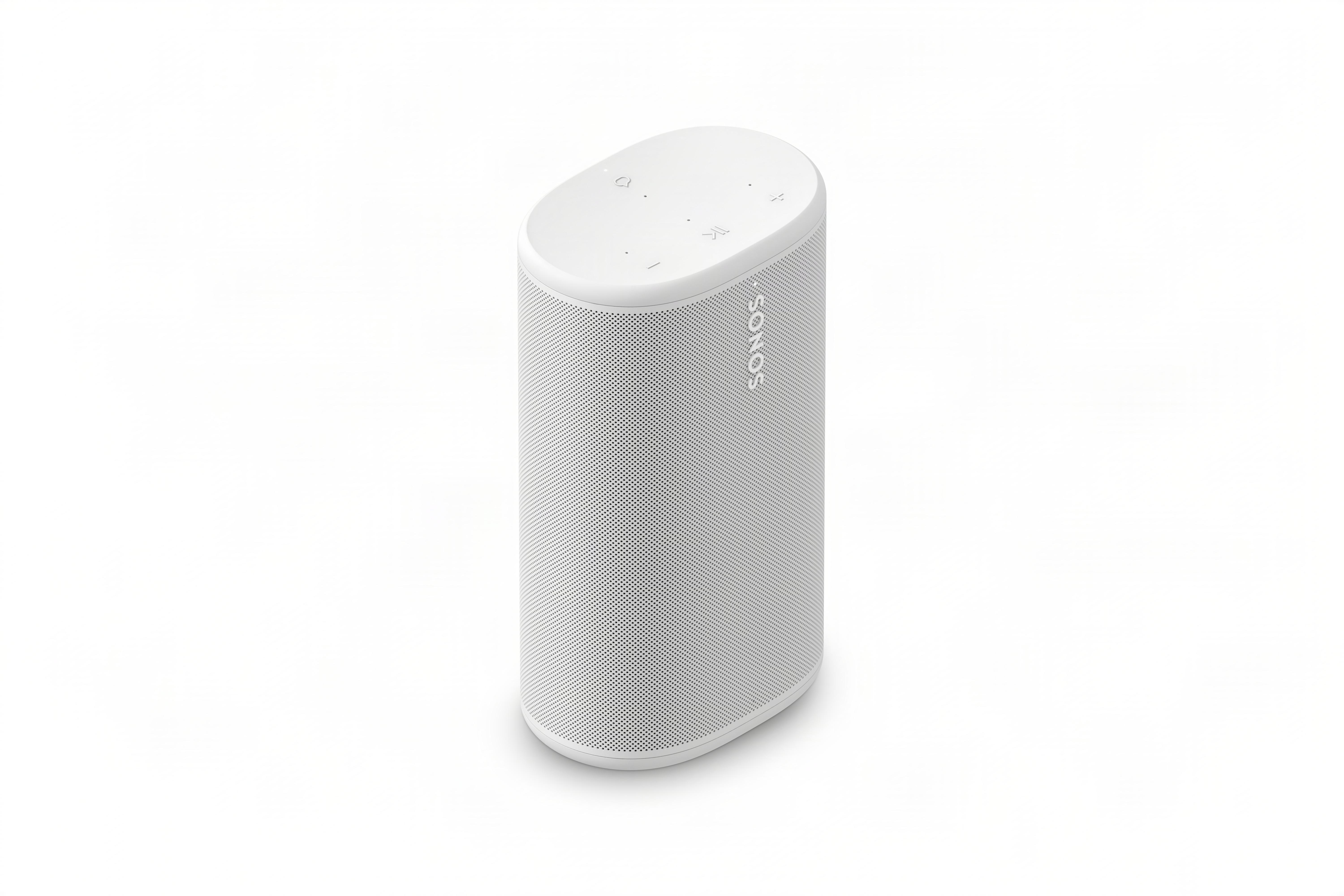 Ein weißer, zylindrischer Sonos Lautsprecher mit perforierter Hülle.