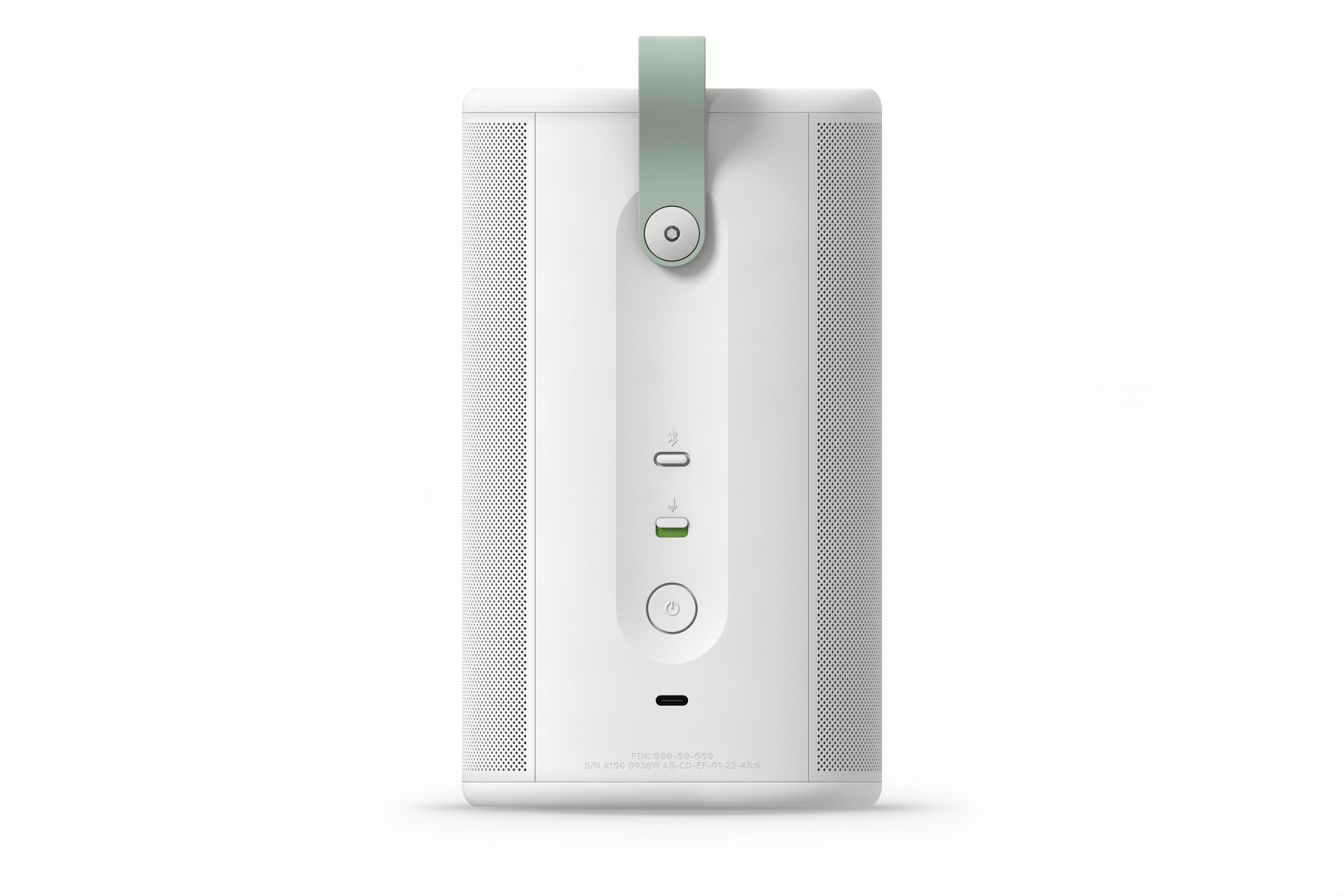 Weiße Box mit grünem Griff, Tasten und USB-C-Anschluss.
