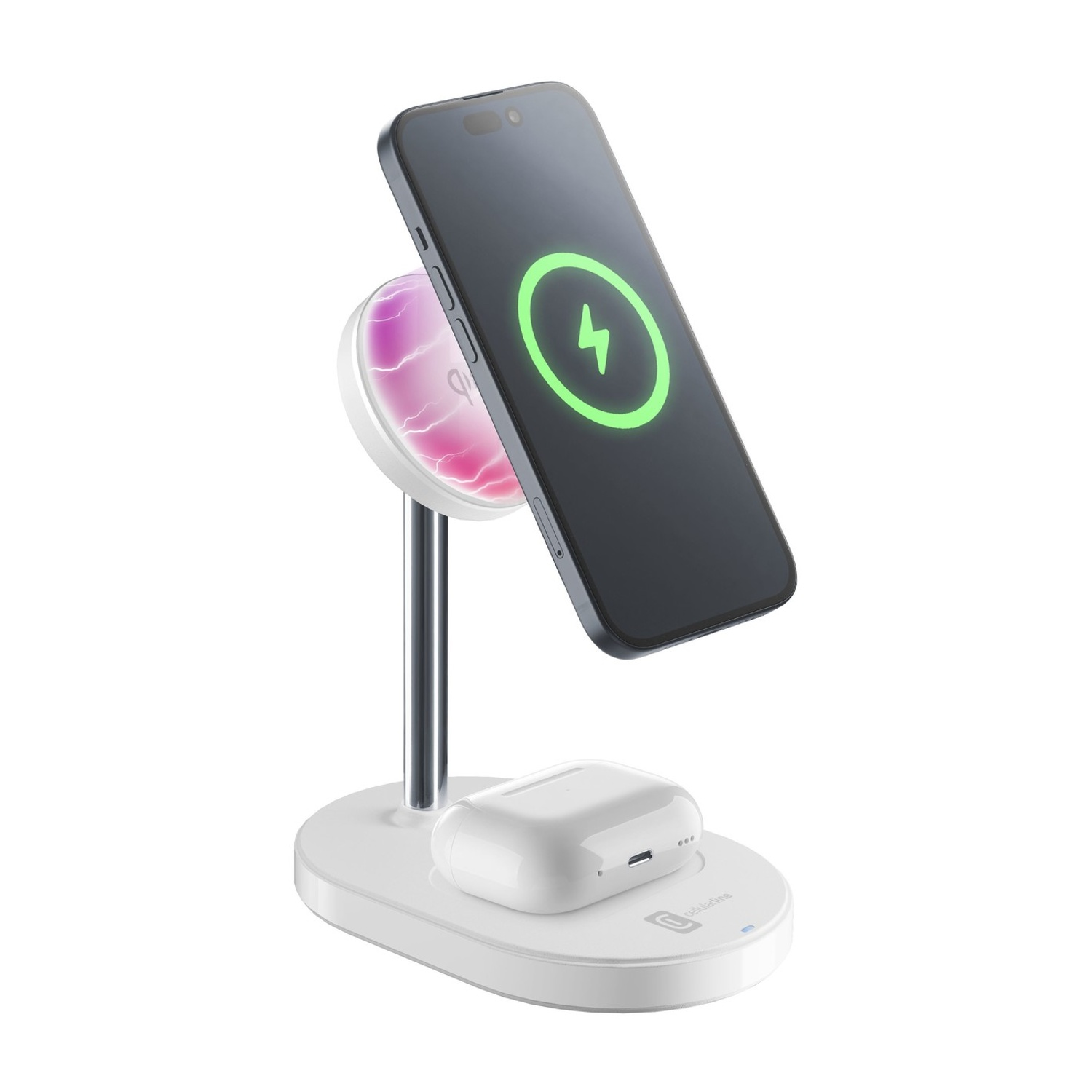 Un supporto di ricarica bianco con telefono e auricolari.