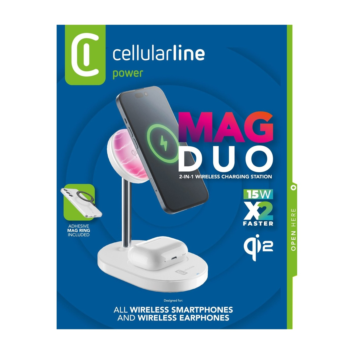 Stazione di ricarica Cellularline Mag Duo con telefono ed auricolari, 15W, X2 più veloce.