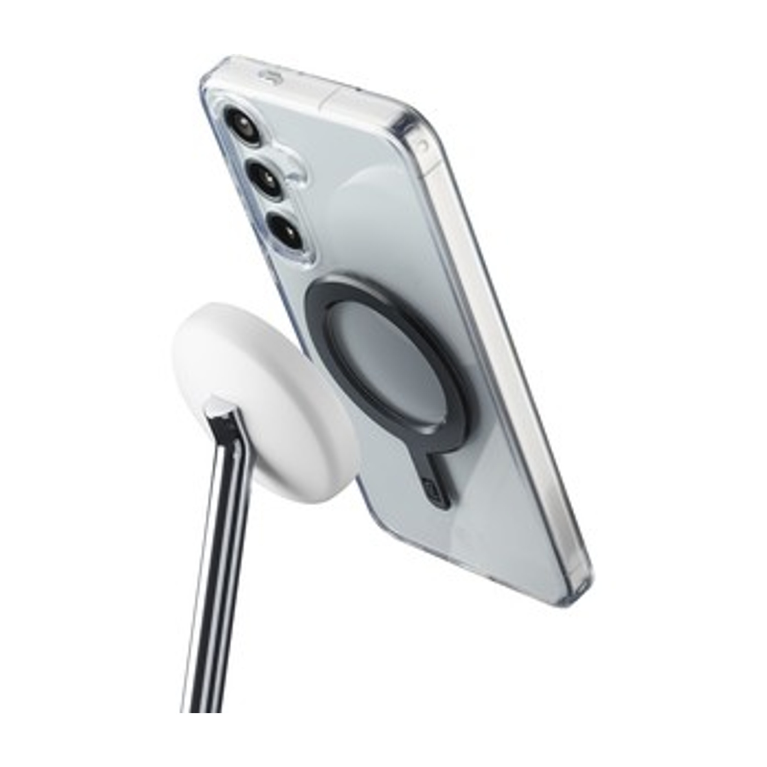 Una cover trasparente per telefono con supporto ad anello magnetico è attaccata a un supporto d'argento.