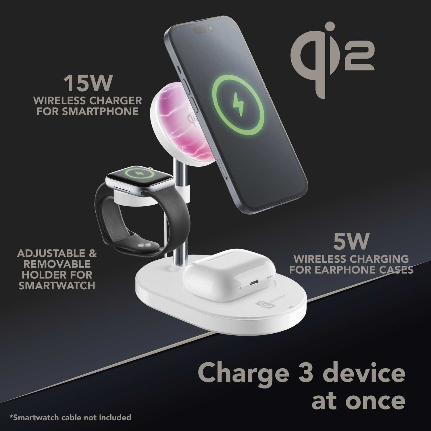 Supporto di ricarica con smartphone, smartwatch e custodia di ricarica auricolari.