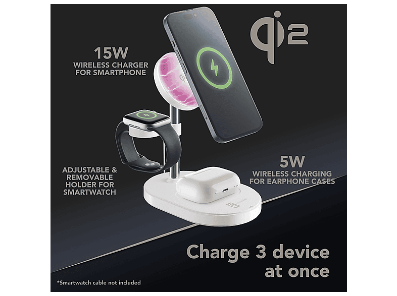 Unitek Caricatore Magnetico Portatile 3 In 1 15W: Ricarica Wireless Per Smartphone, Smartwatch E Cuffie. Ideale Per Viaggi, Pieghevole E Con Supporto.