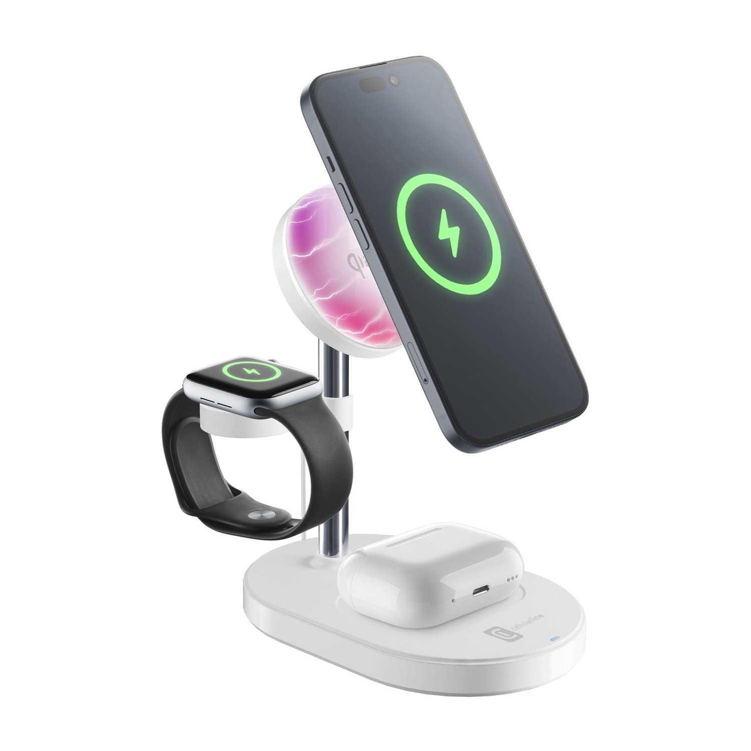 Una stazione di ricarica bianca per iPhone, Apple Watch e AirPods.