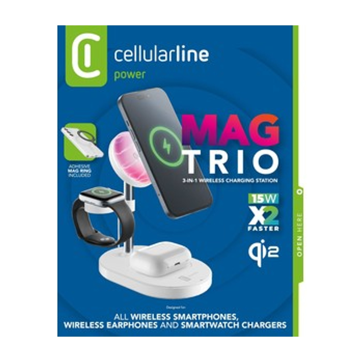 Caricatore wireless Cellularline Mag Trio 3-in-1 per telefono, orologio, auricolari. Anello Mag incluso.