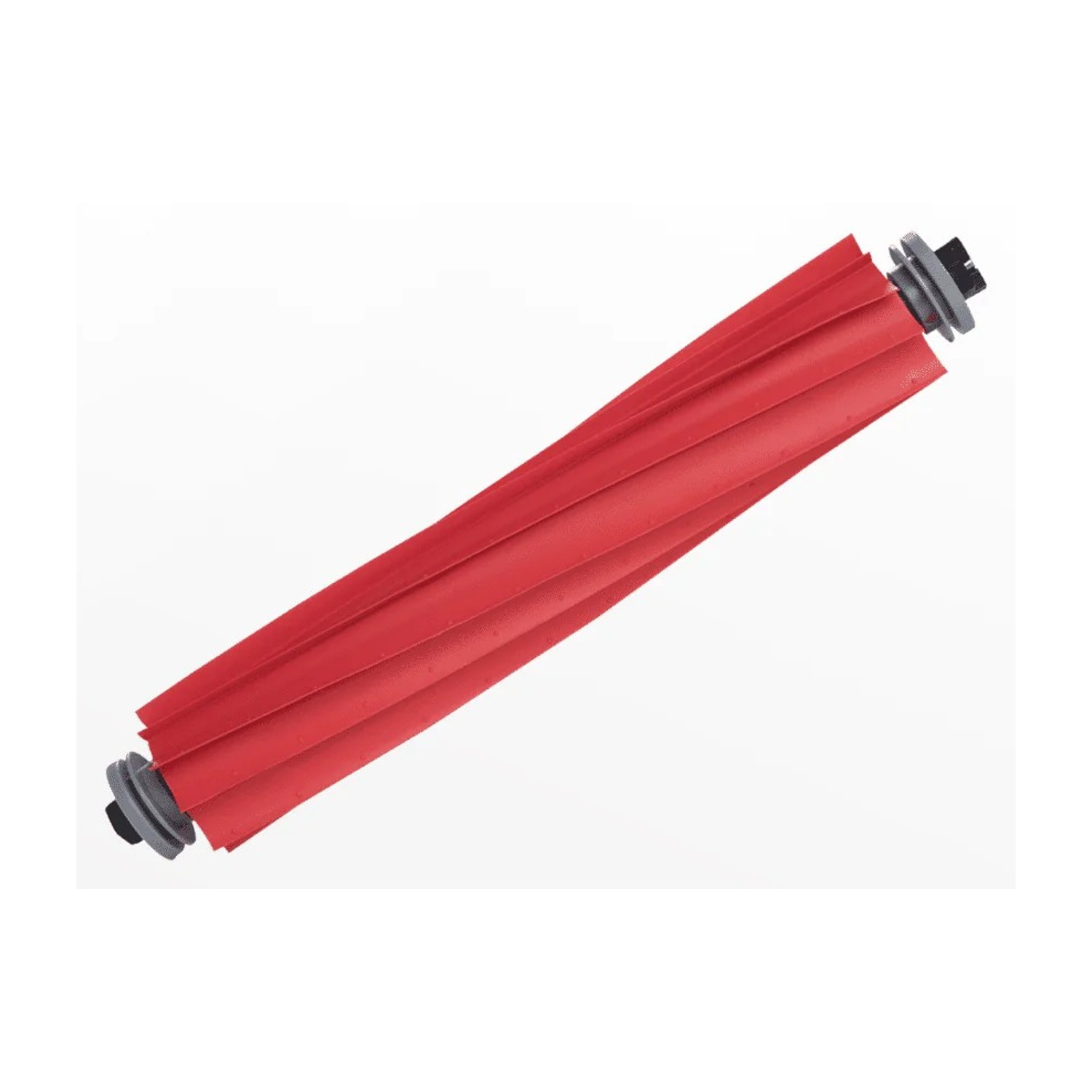 Un rullo spazzola rosso con tappi grigi su sfondo bianco.