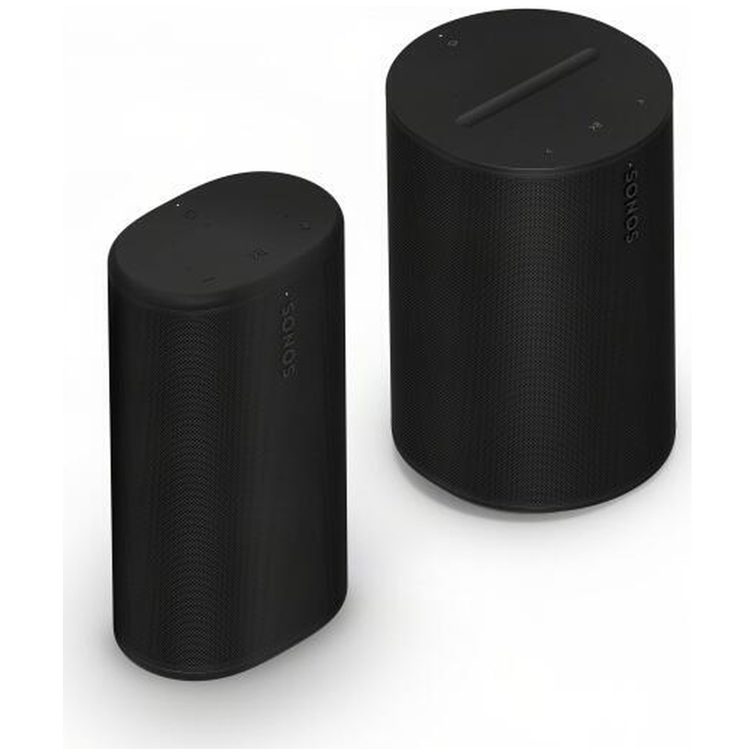 Two black Sonos speakers, one smaller and oval, the other larger and cylindrical.