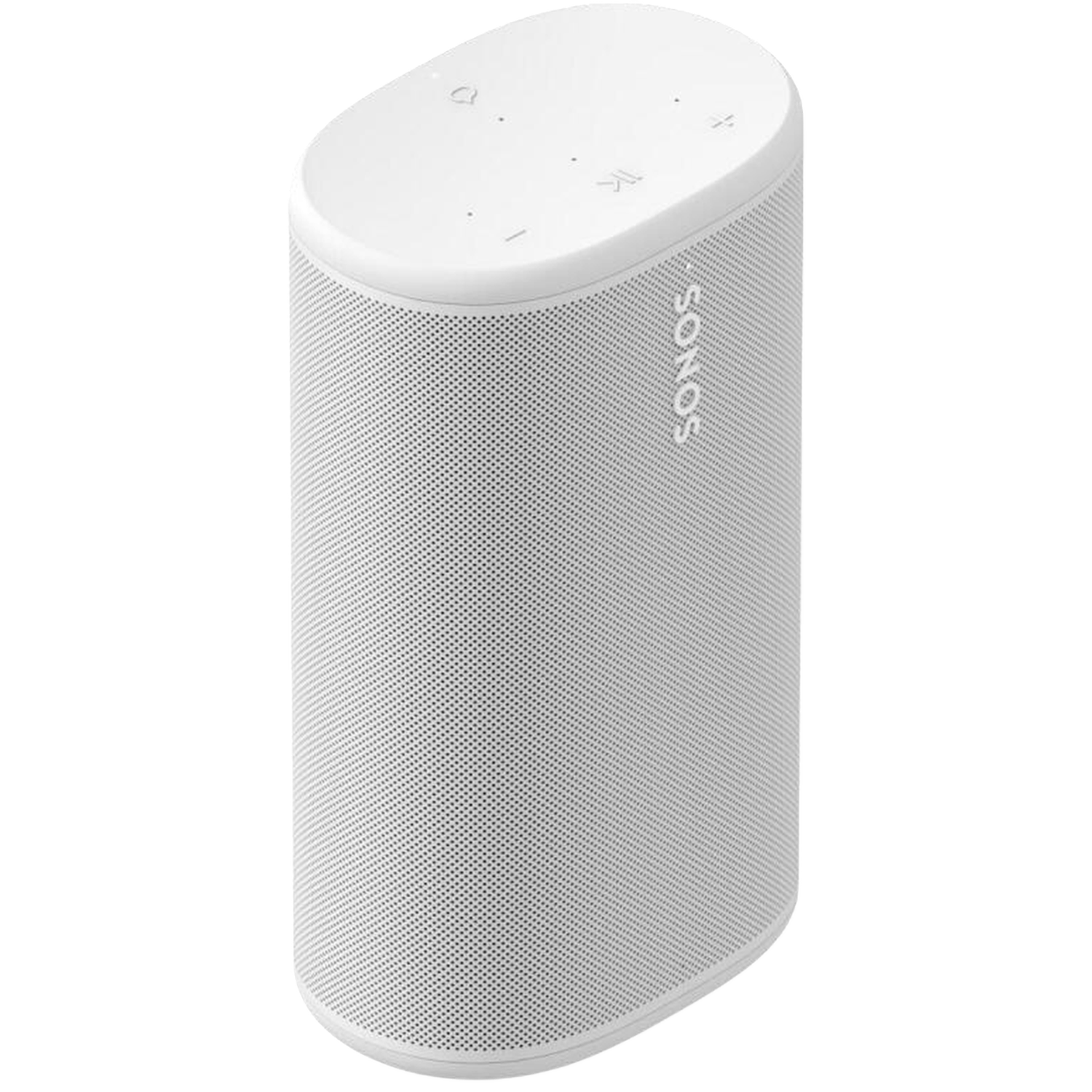 A white, cylindrical Sonos speaker is shown against a black background.