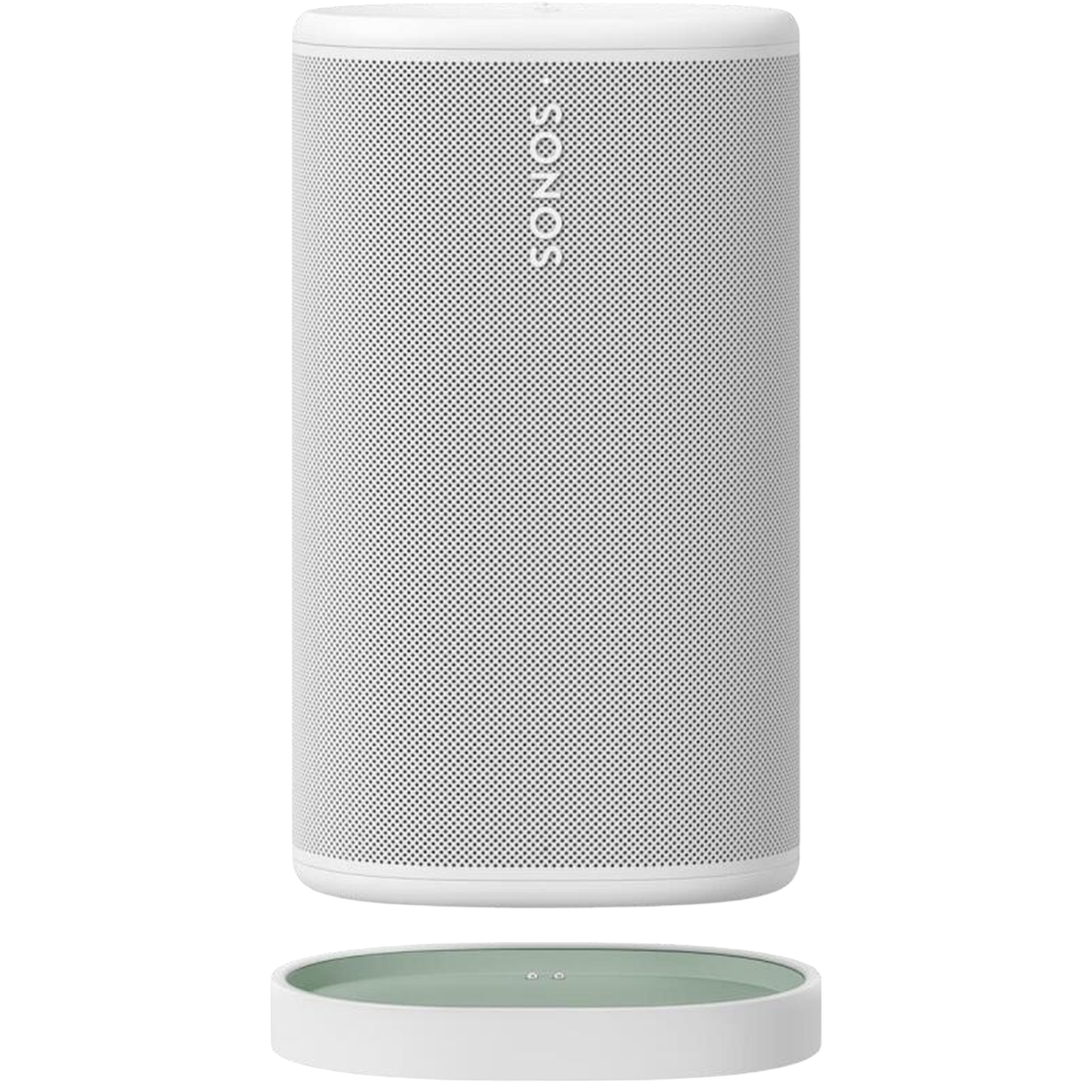A white Sonos speaker with a green base underneath on a black background.