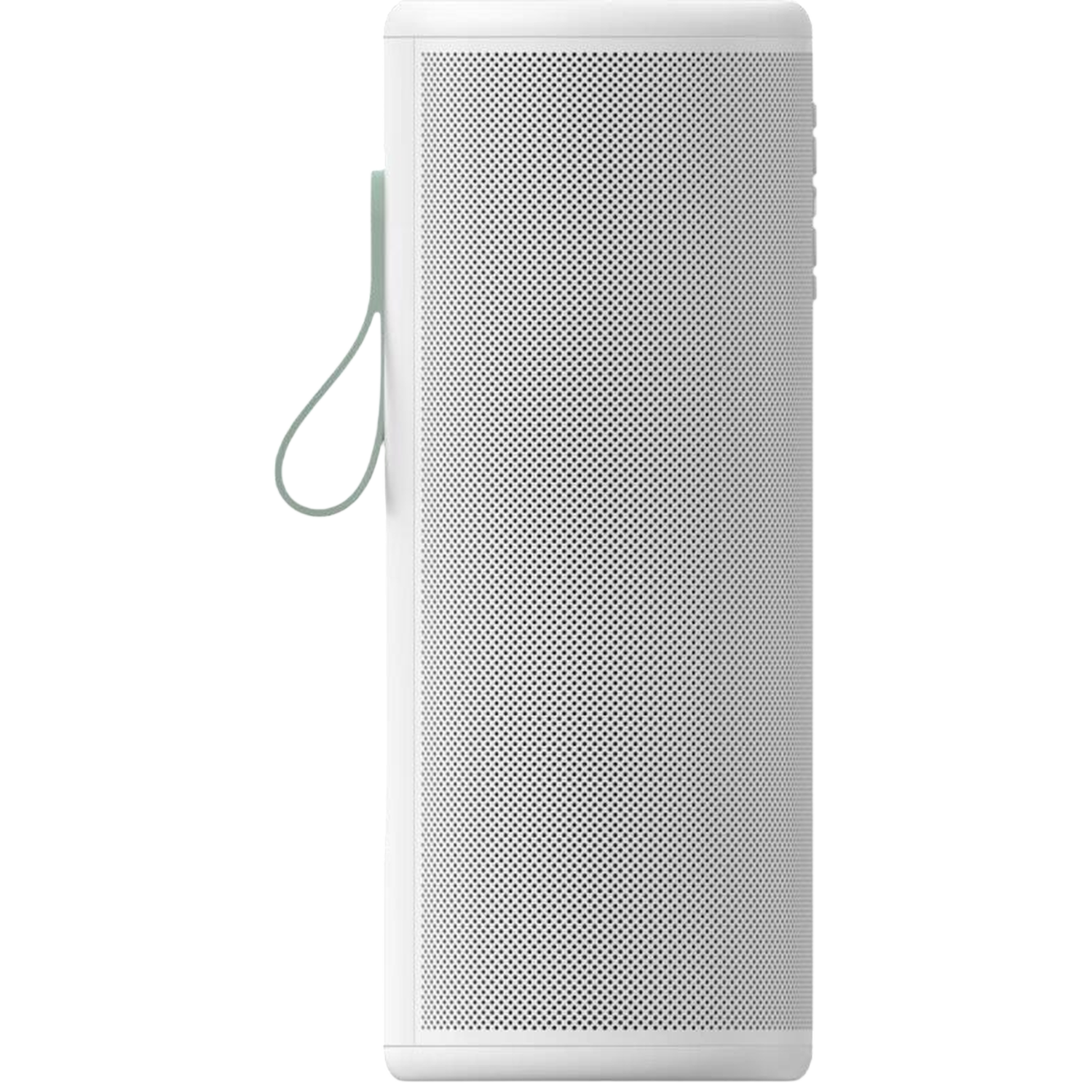 A white, cylindrical speaker with a light green strap.