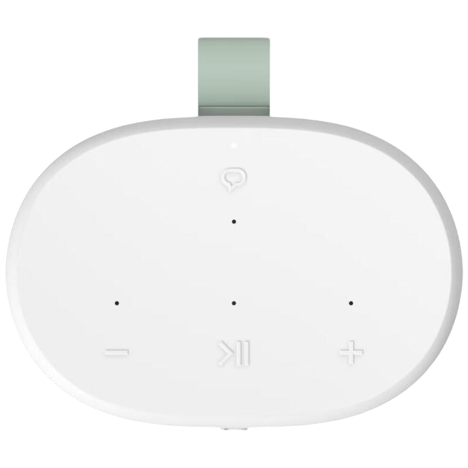 A white oval speaker with controls and a green loop attached to the top.