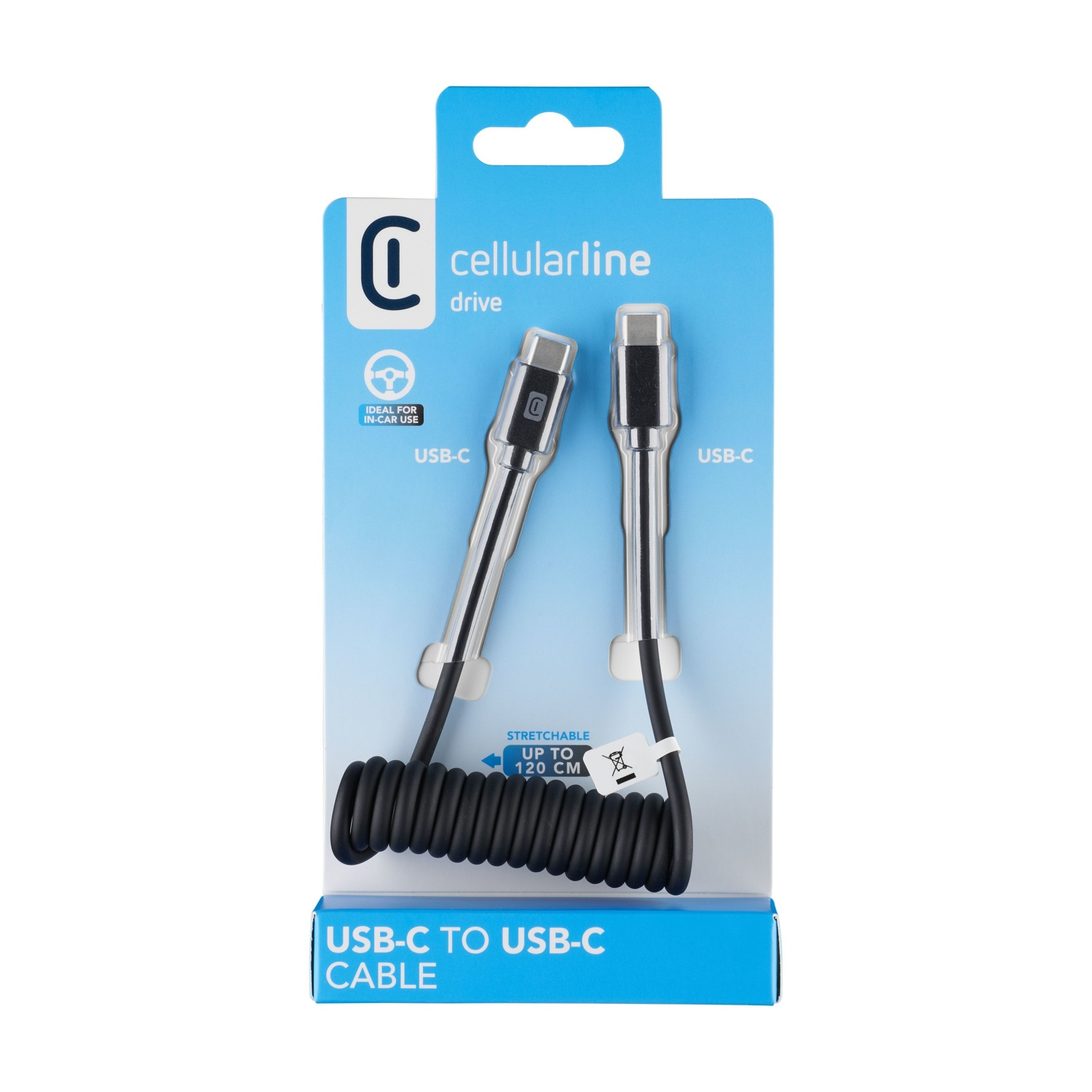 Cavo a spirale Cellularline da USB-C a USB-C in confezione, ideale per auto.