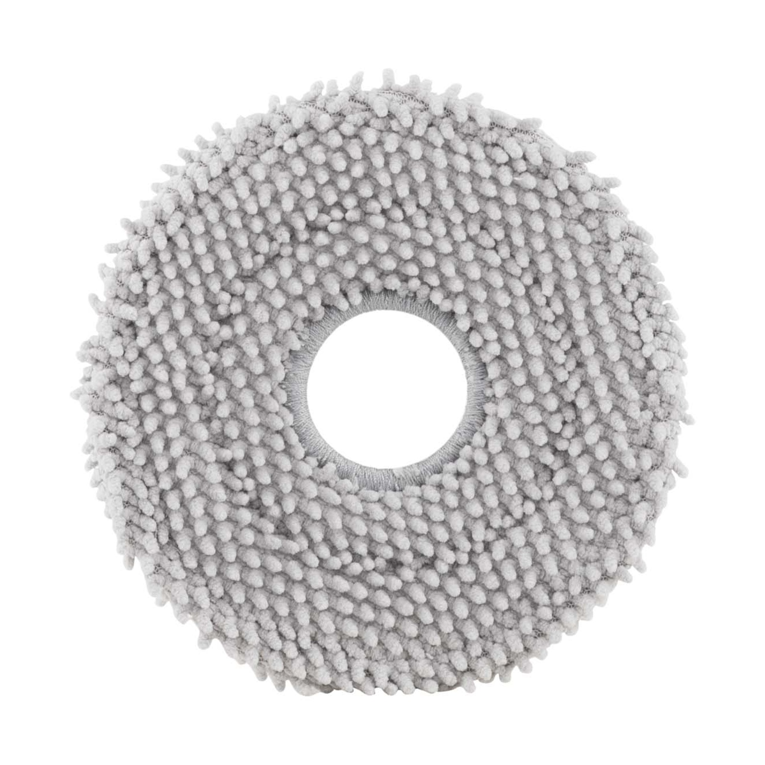 Una testa di mocio rotonda e grigia con molte fibre corte e un foro al centro.