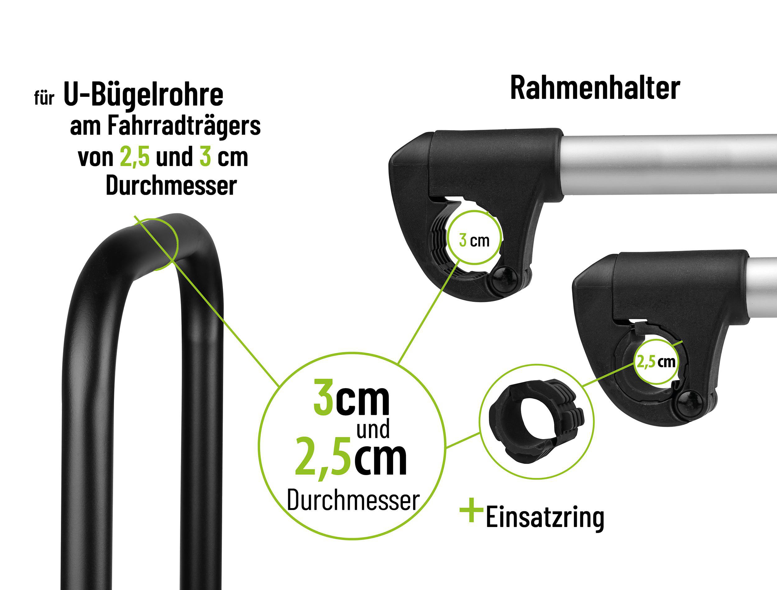 Schwarz U-Bügelrohr mit Halterung für Fahrradträger, 2,5 und 3 cm.