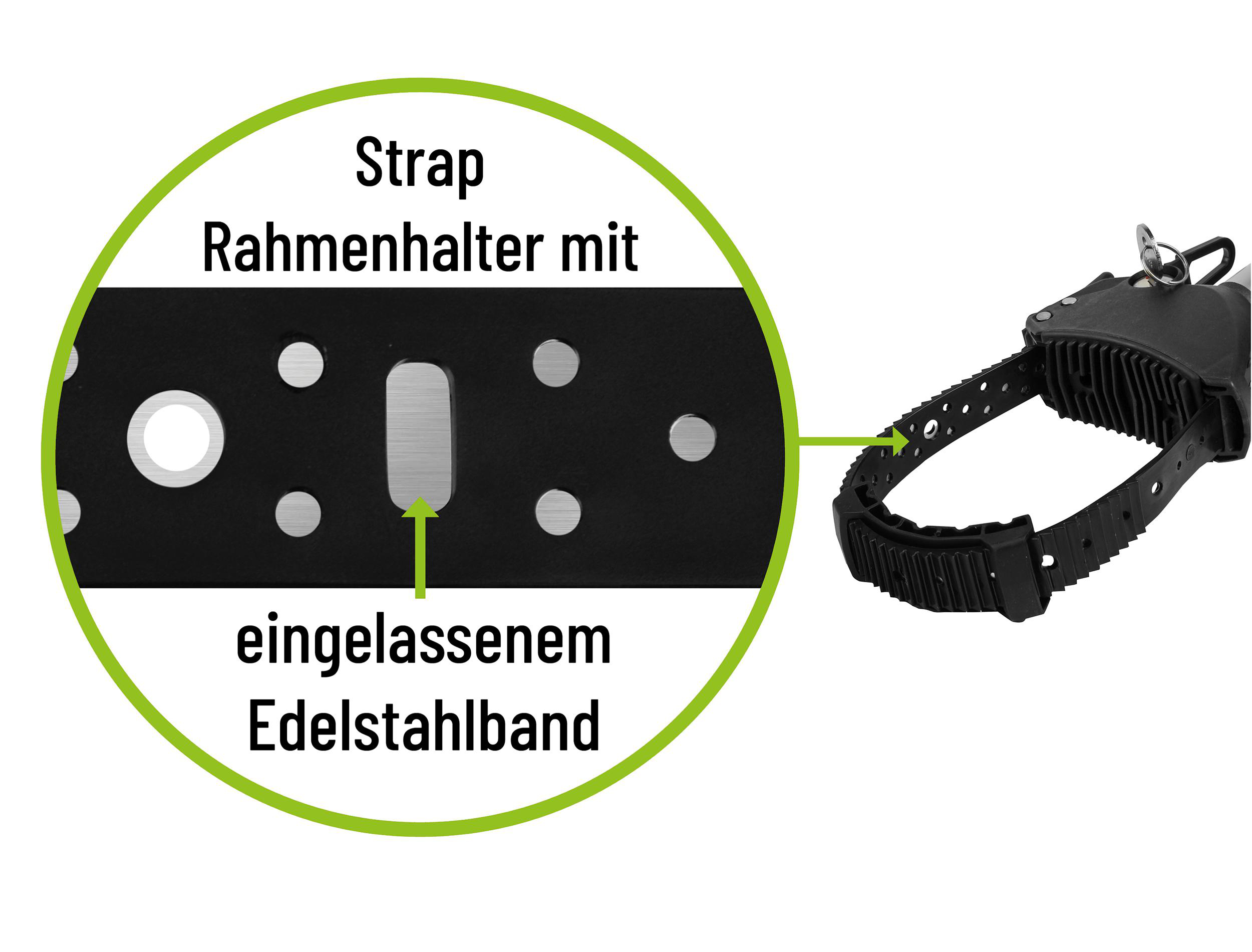 Ein schwarzer Riemenhalter mit eingelassenem Edelstahlband und einem silbernen Schlüssel.