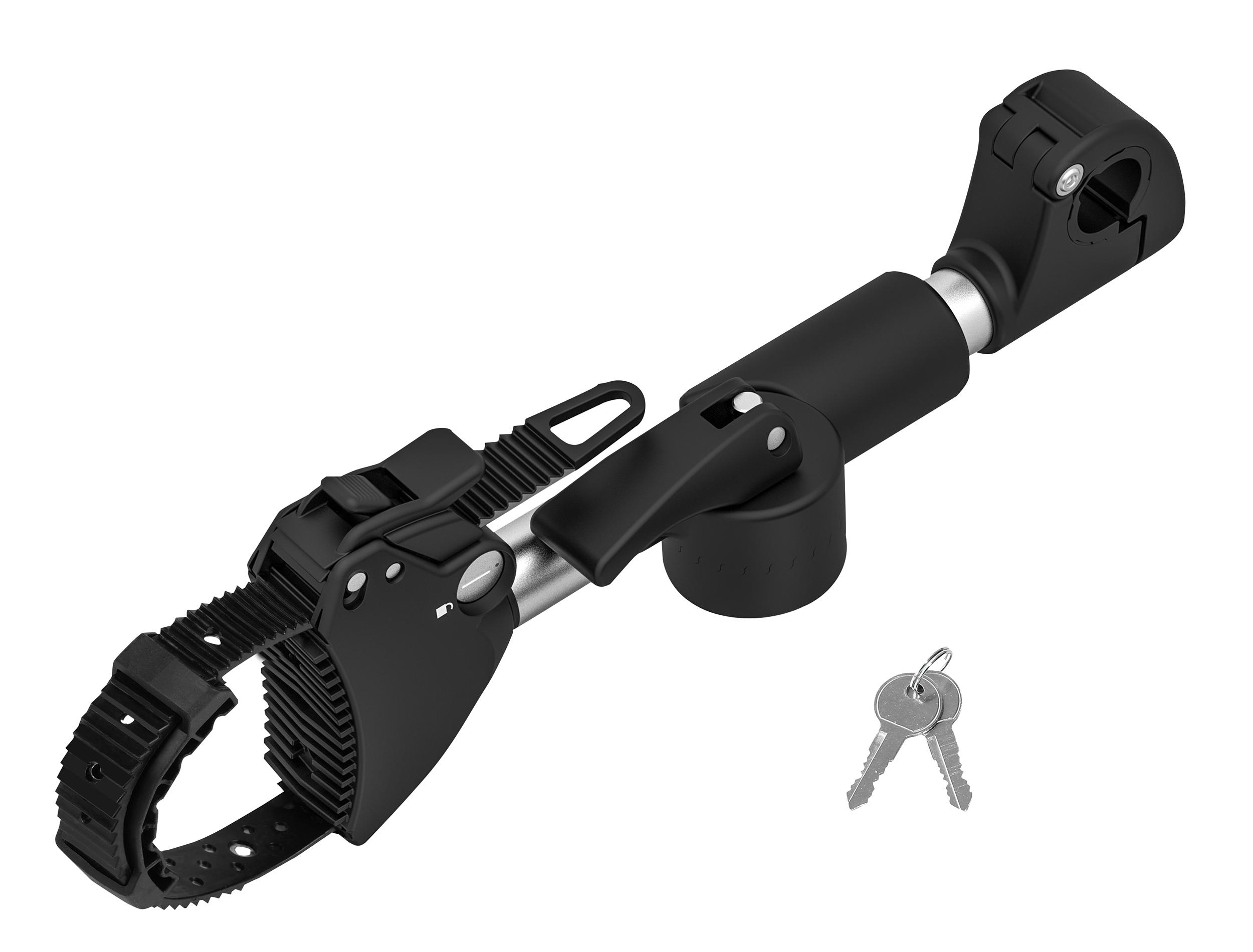 Schwarzer Fahrradträger-Arm mit Gurt und Schlüsseln auf weißem Hintergrund.