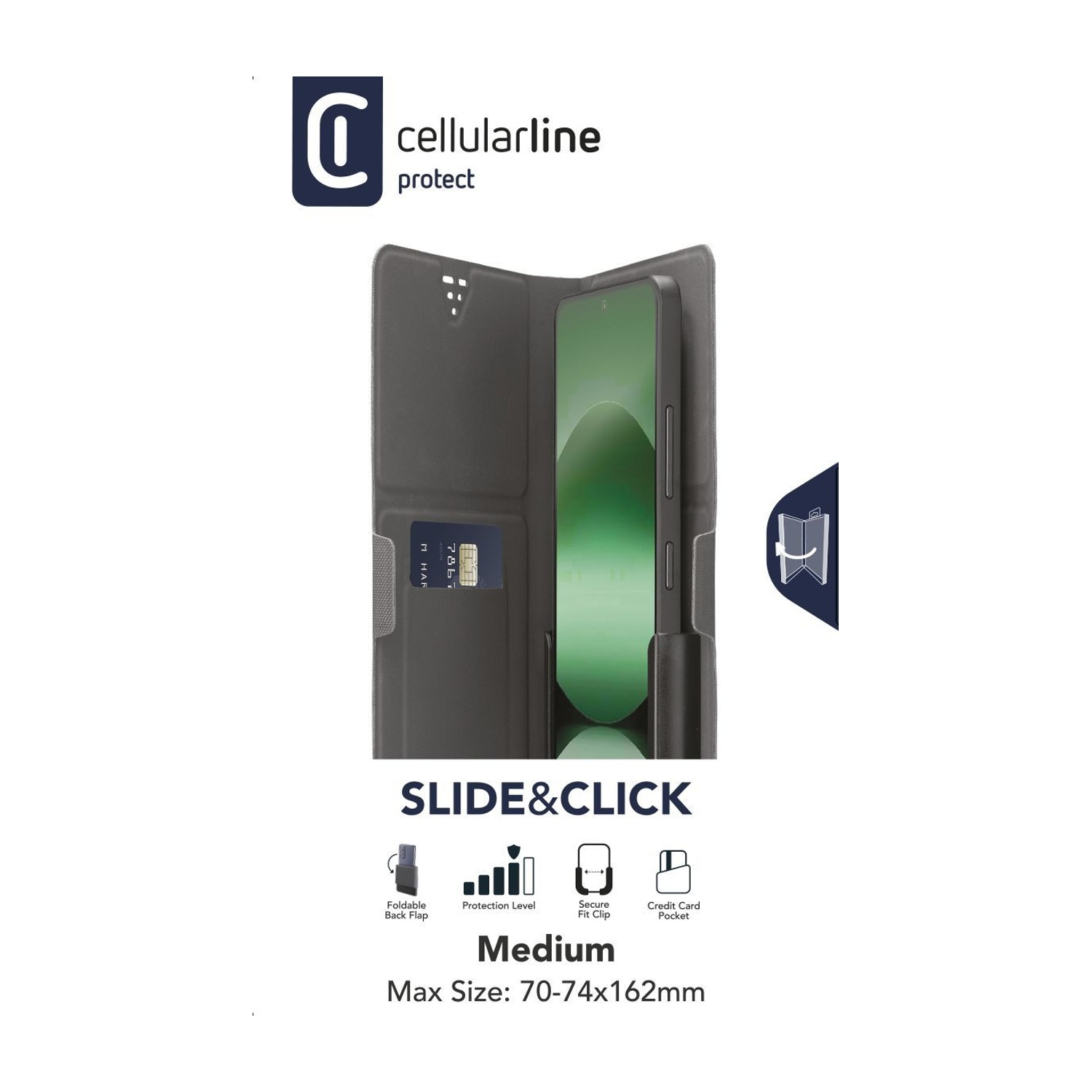 Custodia Cellularline con slot per carte, patta pieghevole, max. 70-74x162mm.