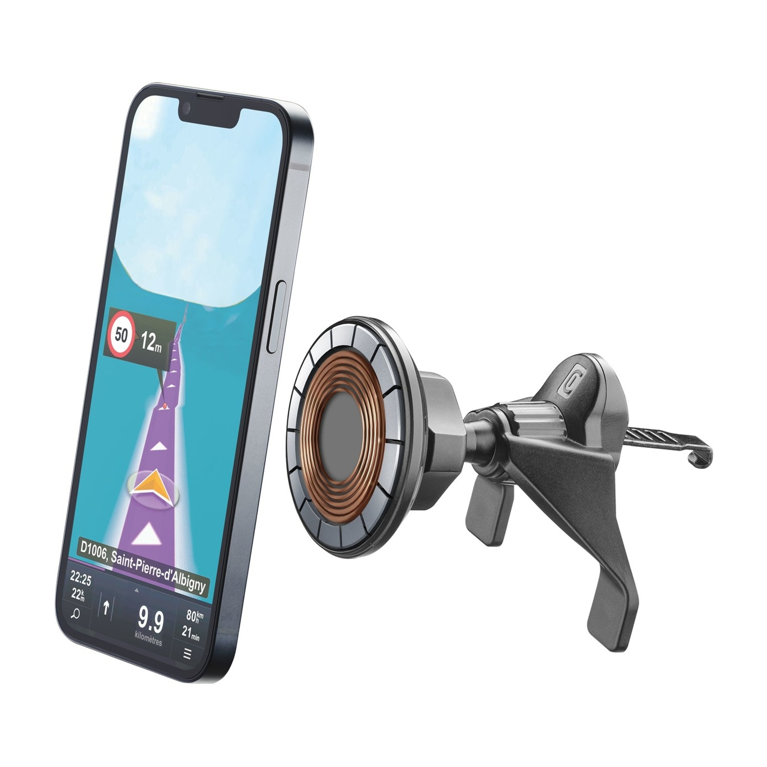 Uno smartphone mostra un'app di navigazione. Accanto c'è un supporto magnetico per auto.