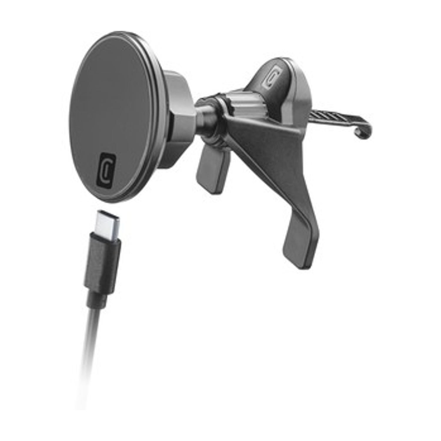 Un supporto nero per telefono da bocchetta d'aria con cavo USB-C.