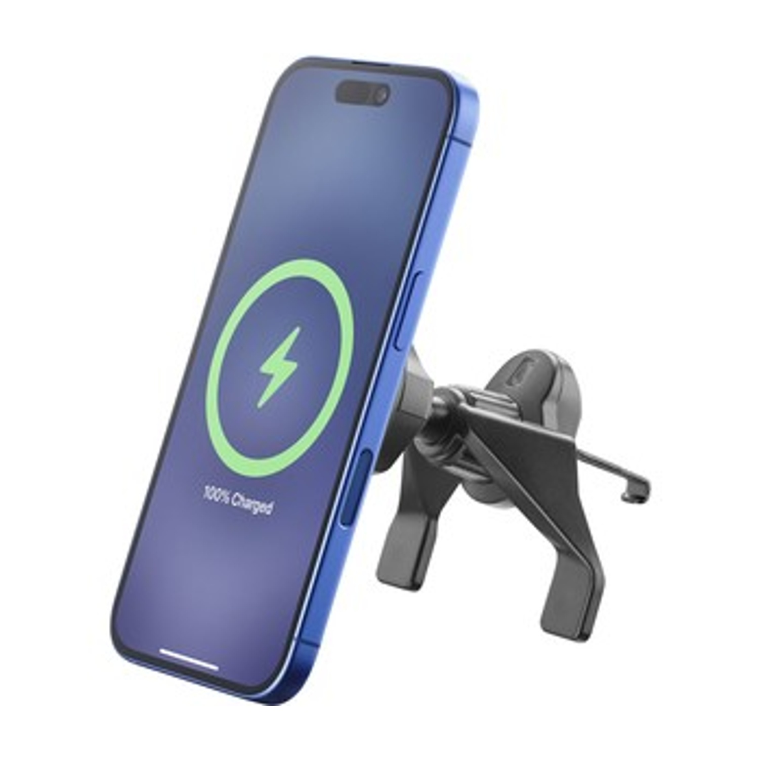 Un iPhone blu su un supporto per telefono nero, carico al 100%.