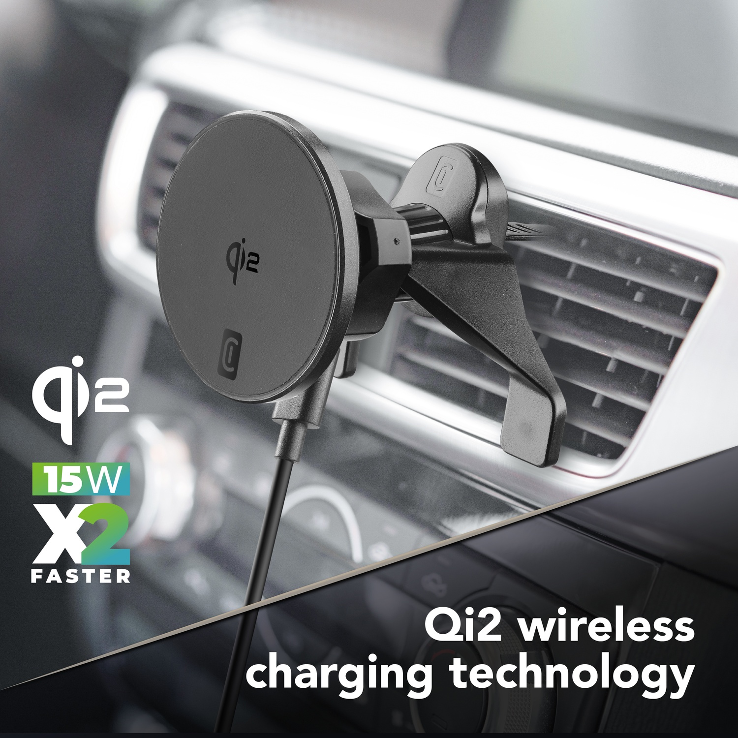 Supporto di ricarica wireless Qi2 su una bocchetta dell'auto.