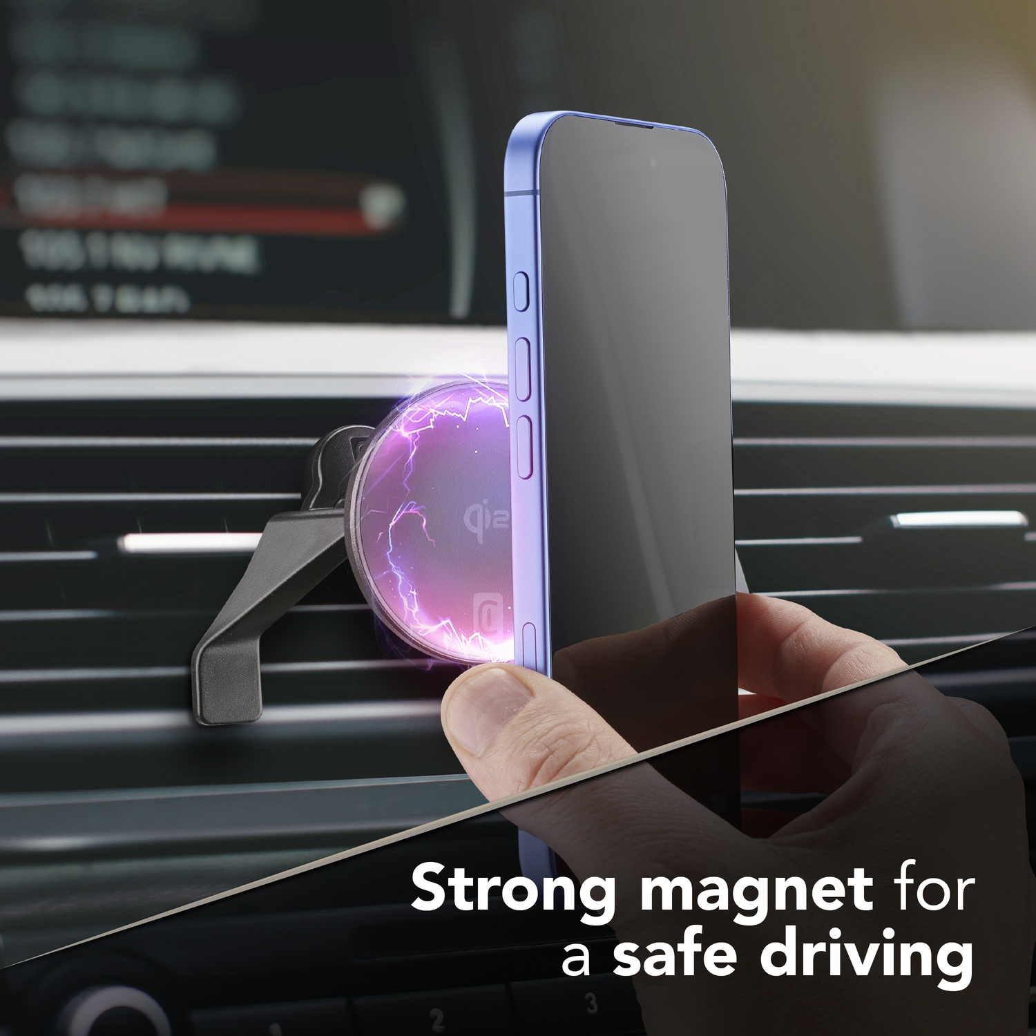 Un telefono viola è attaccato magneticamente a un supporto per sfiato.