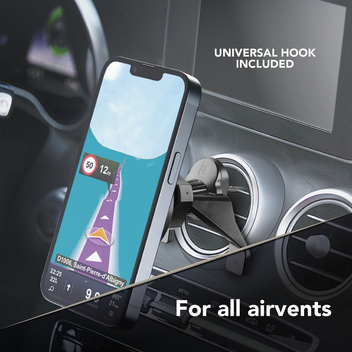Supporto smartphone su bocchetta aria con app navigazione. Gancio universale.