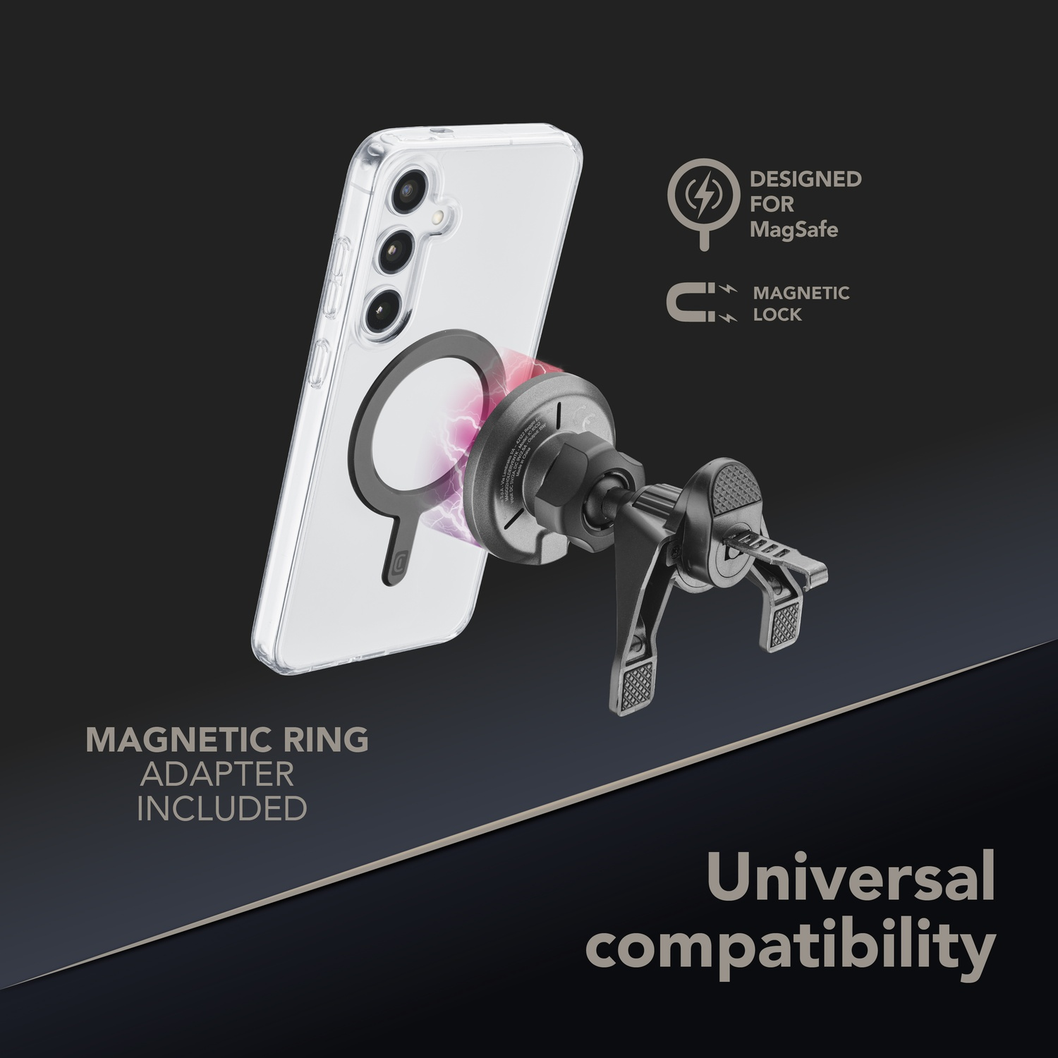Supporto magnetico per auto con compatibilità MagSafe e blocco magnetico.