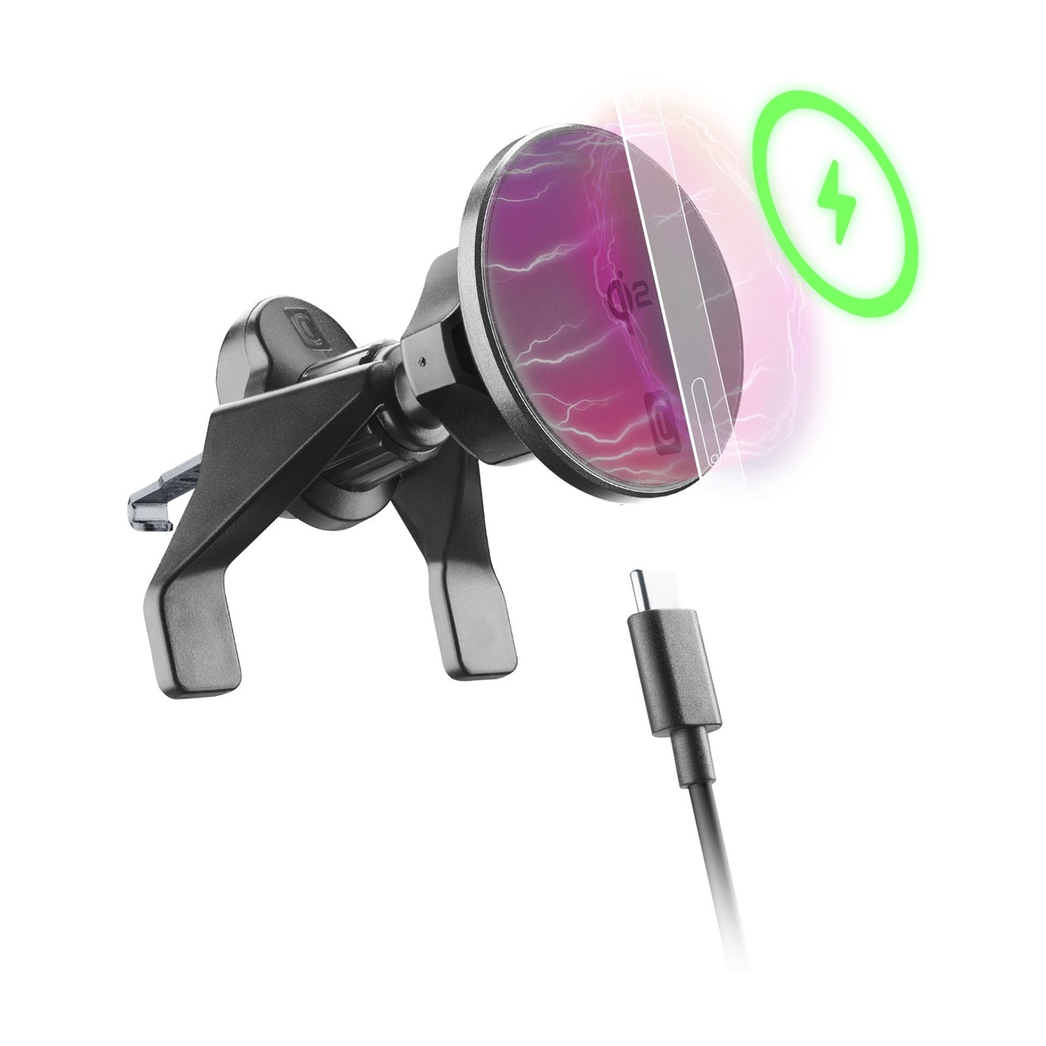 Un supporto per telefono nero con cavo USB-C e icona di ricarica.