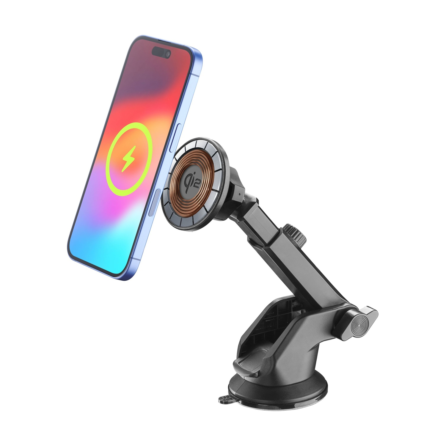 Smartphone blu con indicatore di carica su supporto a ventosa nero.