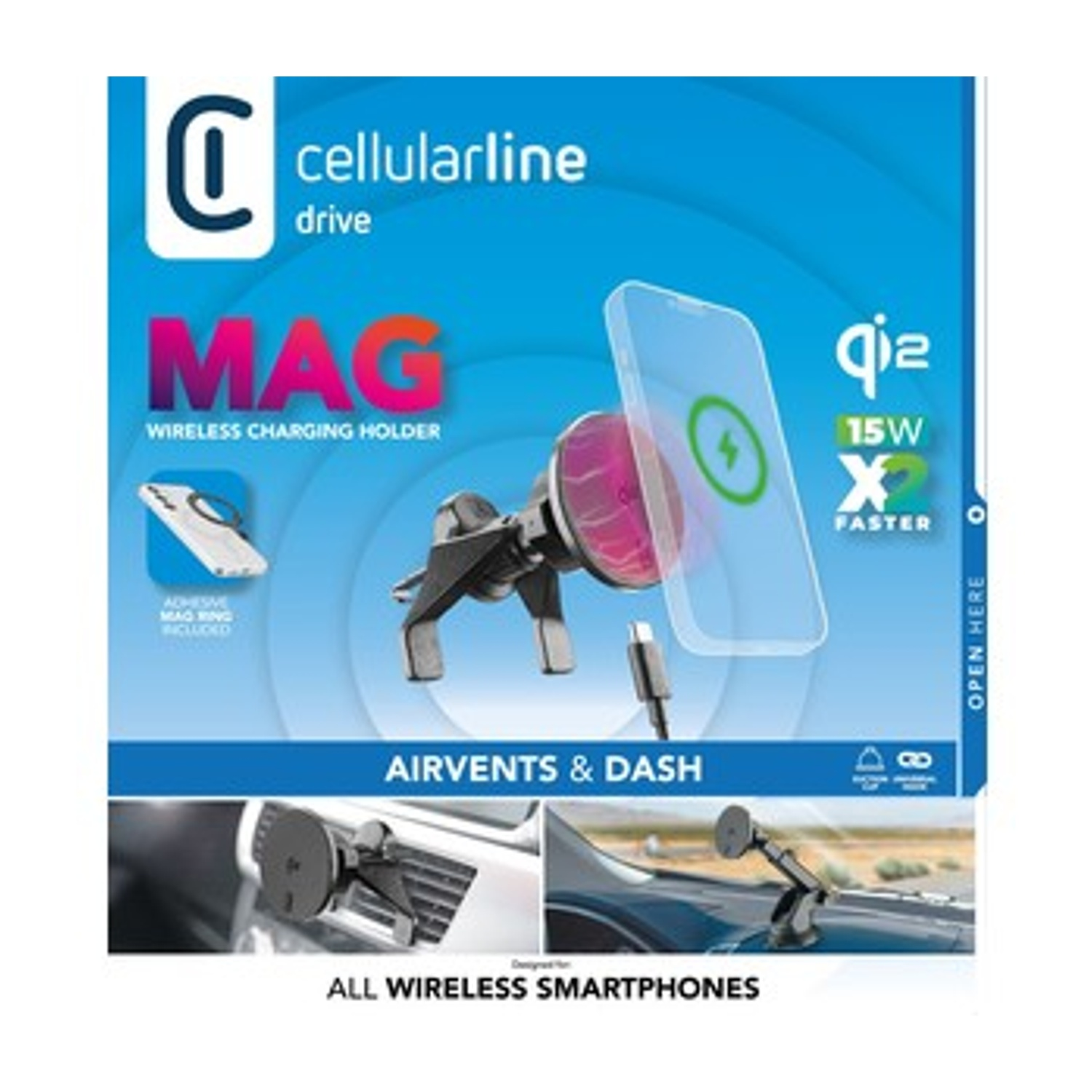 Caricatore wireless Cellularline MAG con telefono, cavo USB-C e opzioni di montaggio.