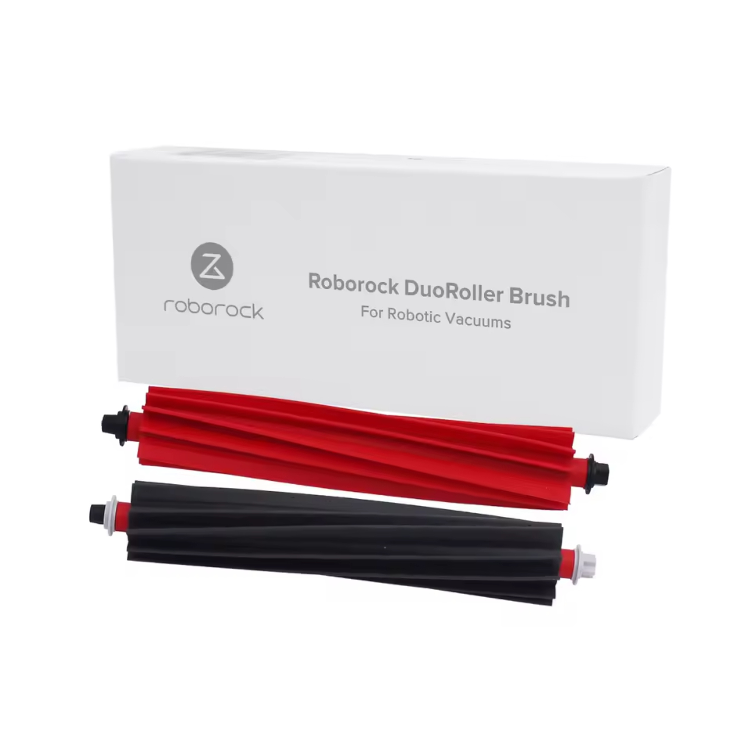 Due spazzole DuoRoller Roborock, rosse e nere, con confezione.