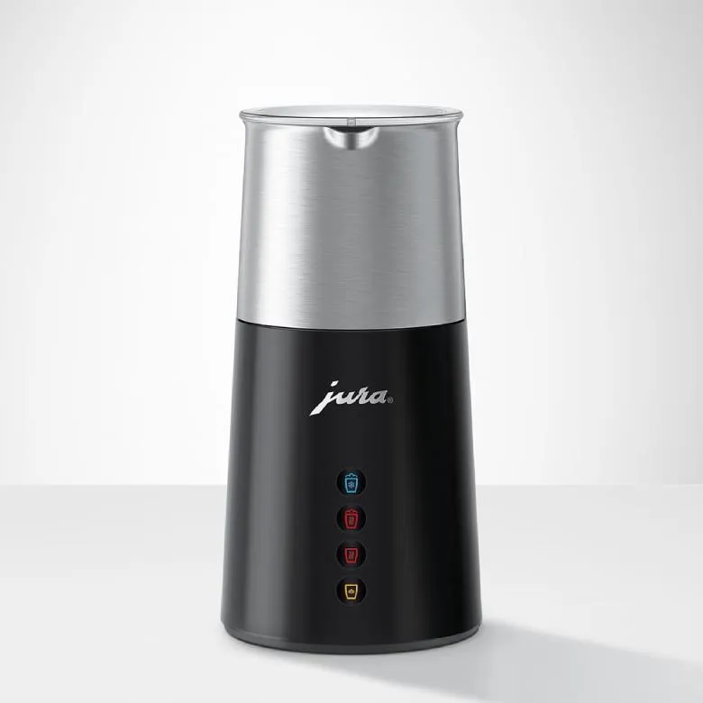 Czarny młynek do kawy Jura z srebrną górą i czterema wskaźnikami.