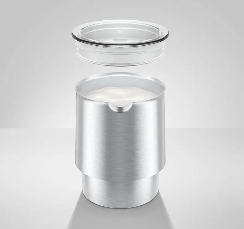 Srebrny pojemnik z białym wnętrzem, pokrywka jest zdjęta.