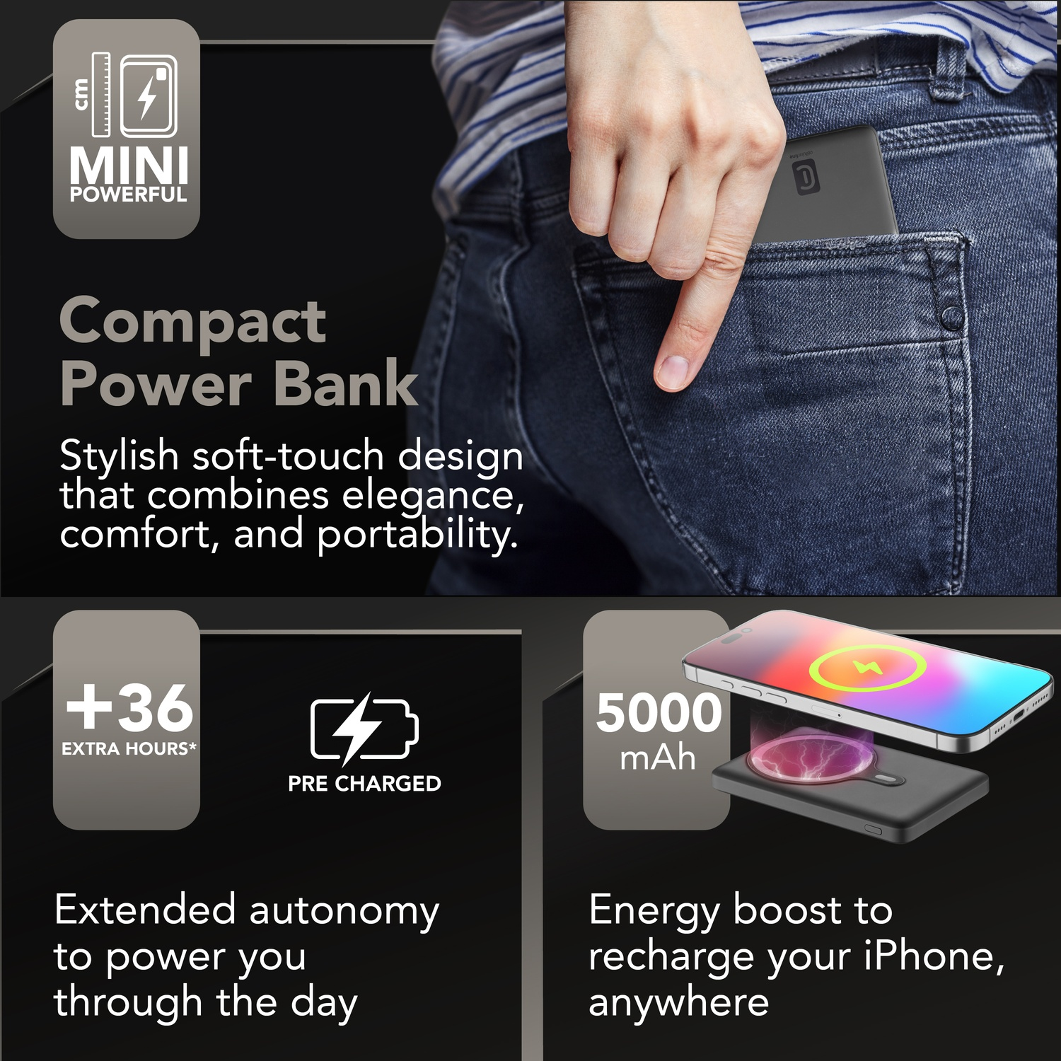 Power bank compatto 5000 mAh ricarica un iPhone. Offre +36 ore extra. Design elegante.