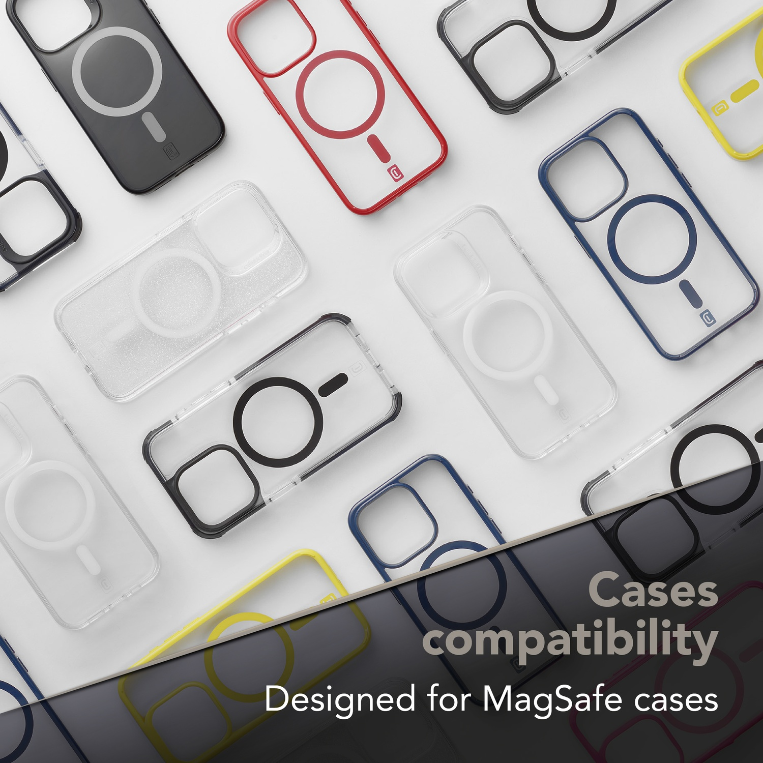 Custodie per iPhone in vari colori con magneti MagSafe.