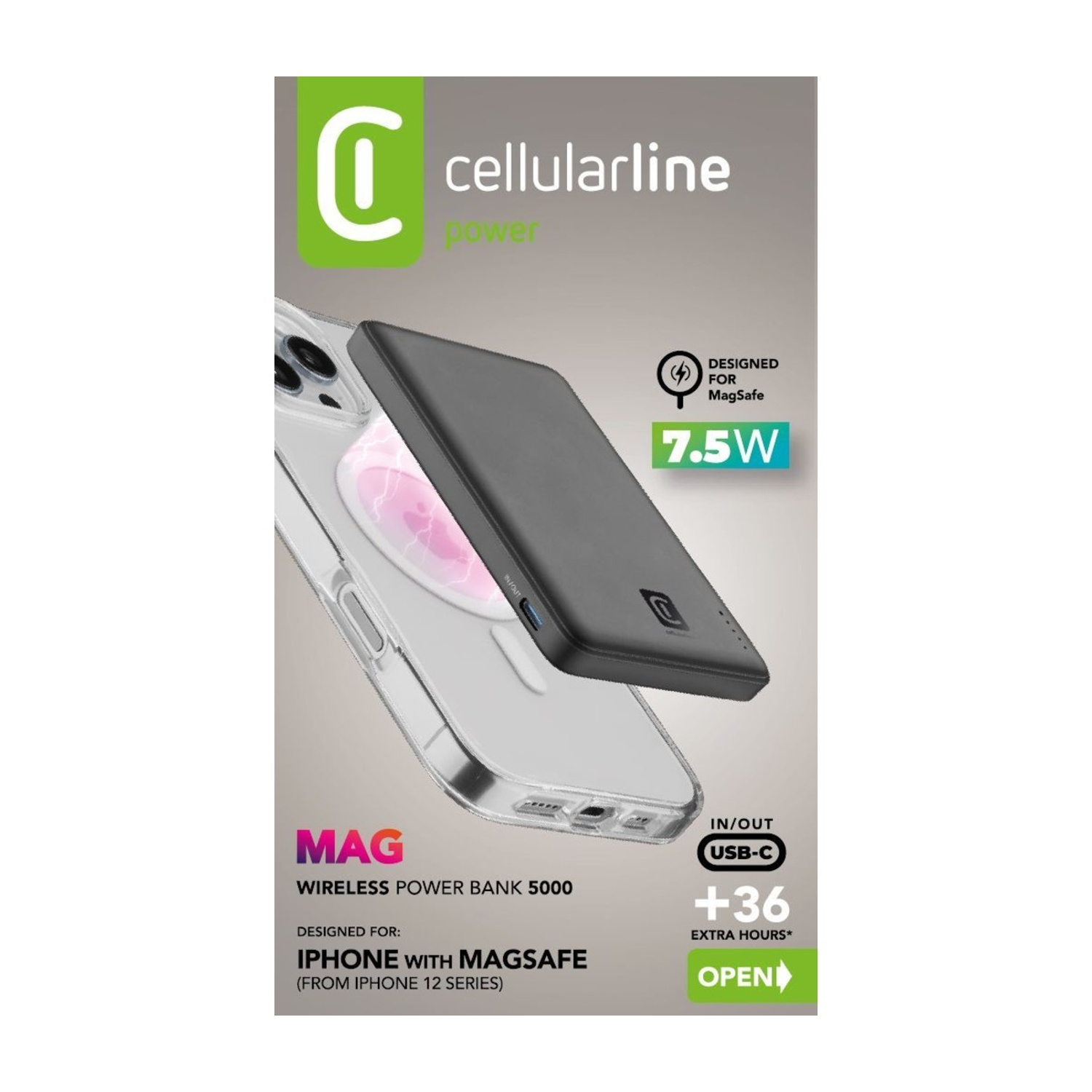 Power bank MagSafe nera su iPhone trasparente. 7,5W, 5000mAh, USB-C.