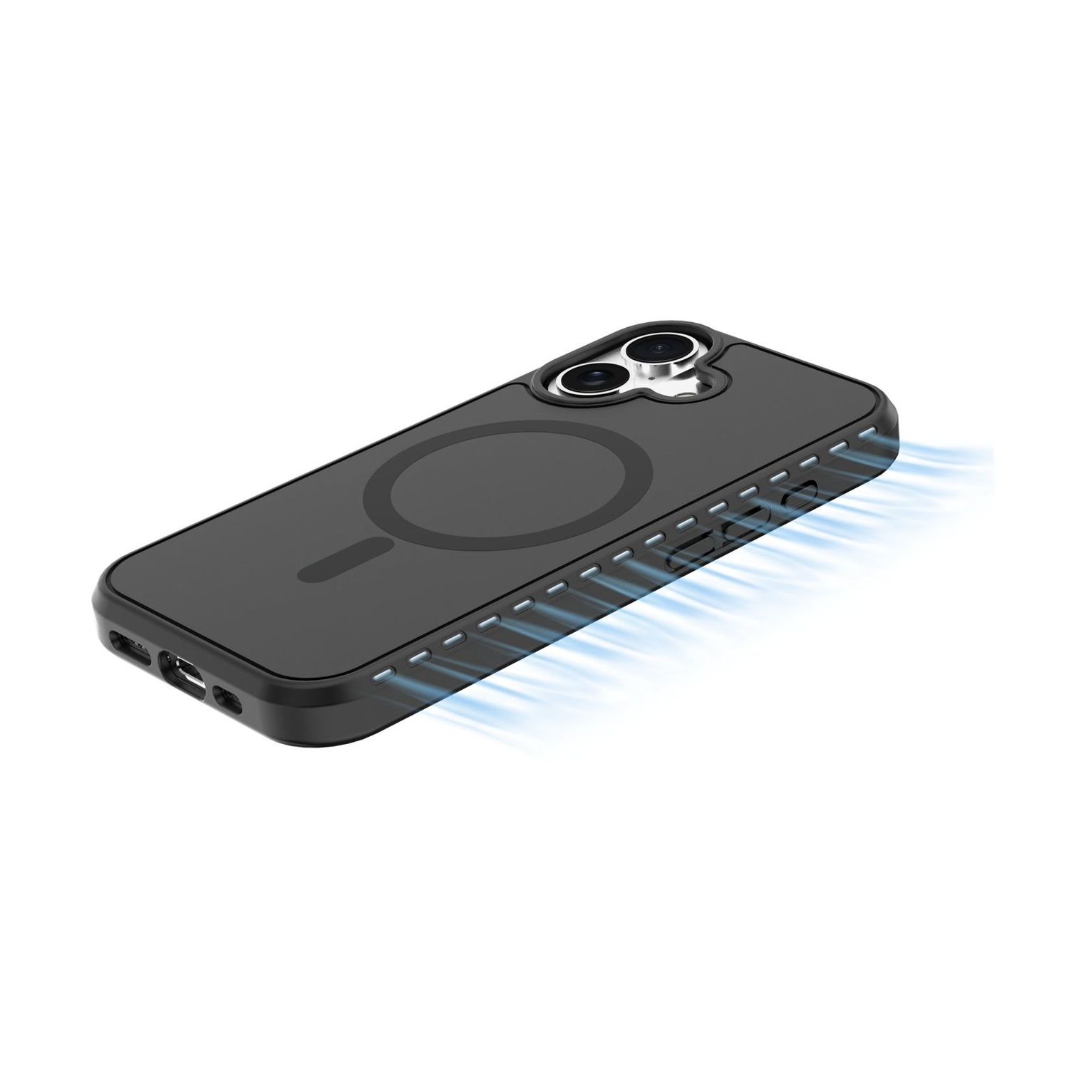 Cover nera per telefono con anello magnetico e prese d'aria, aria blu che esce.